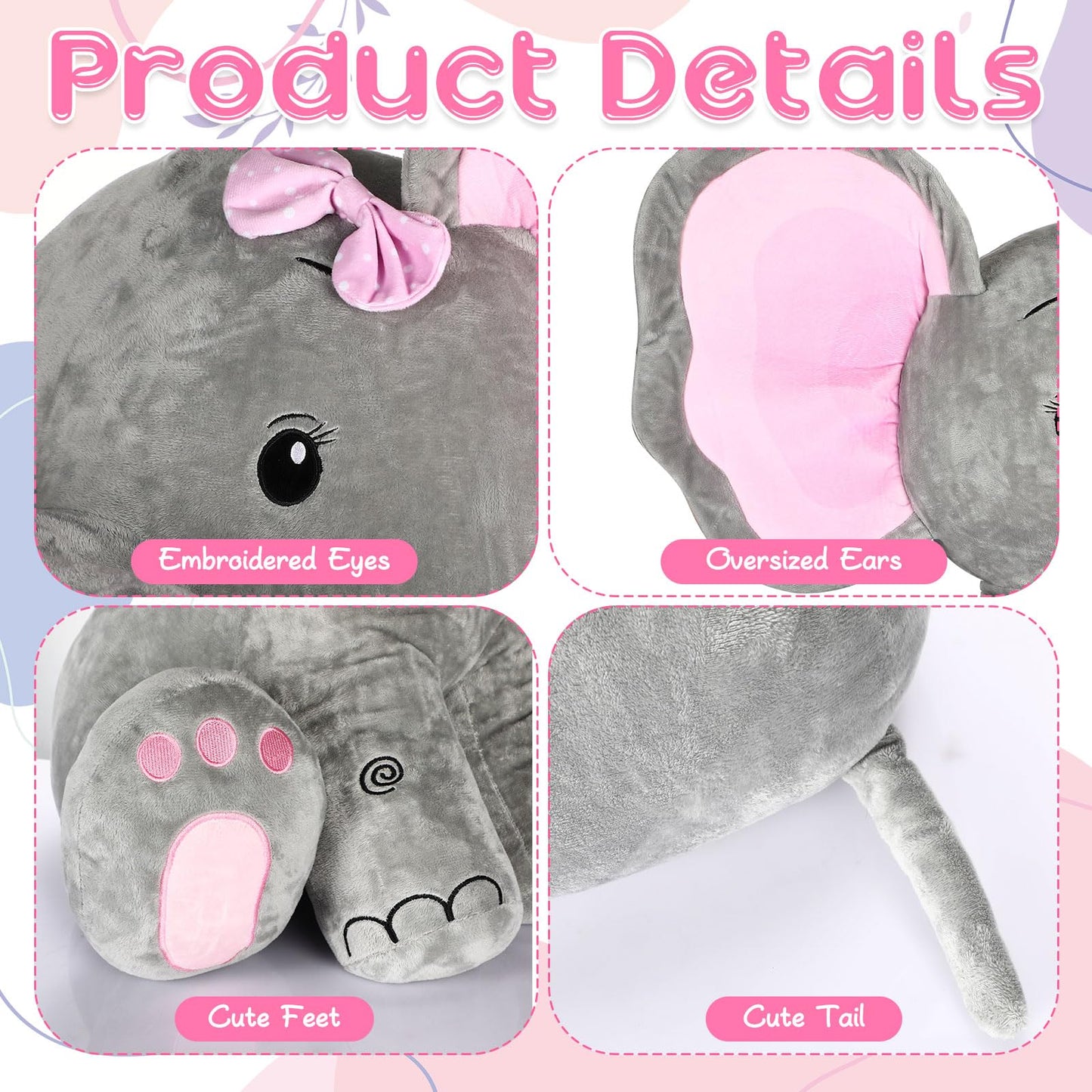 Jenaai Giant Plush Elephant Stuffed Animal Gifts for Kids Soft Large Pink Gray Elephant for Baby Shower Gender Reveal Party Decorations Birthday Baptism Gifts Friend Sister, 24 Inch