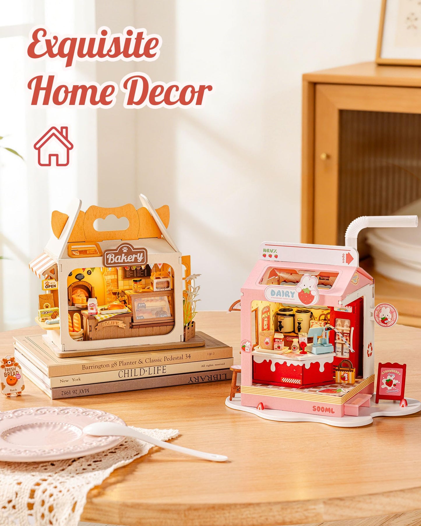 Robotime DIY Miniature House Kit, 1:28 Scale Tea Shop Scale Diorama Dollhouse with LED Lights, 3D Wooden Puzzle for Adults, Creative Crafts & Unique Gift for Craft Enthusiasts (Strawberry Milk Box)