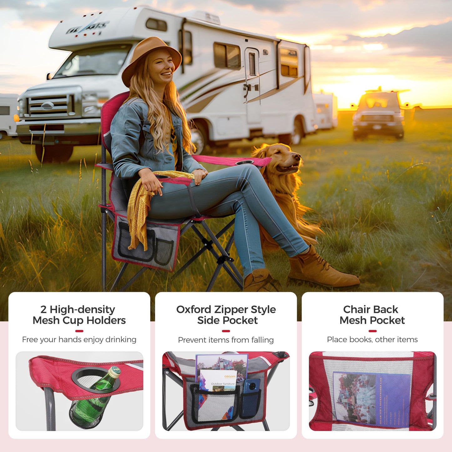 ALPHA CAMP 2PC Oversized Mesh Back Camping Folding Chair Heavy Duty Support 350 LBS Collapsible Steel Frame Quad Chair Padded Arm Chair with Cup Holder Portable for Outdoor (Red-2PC)