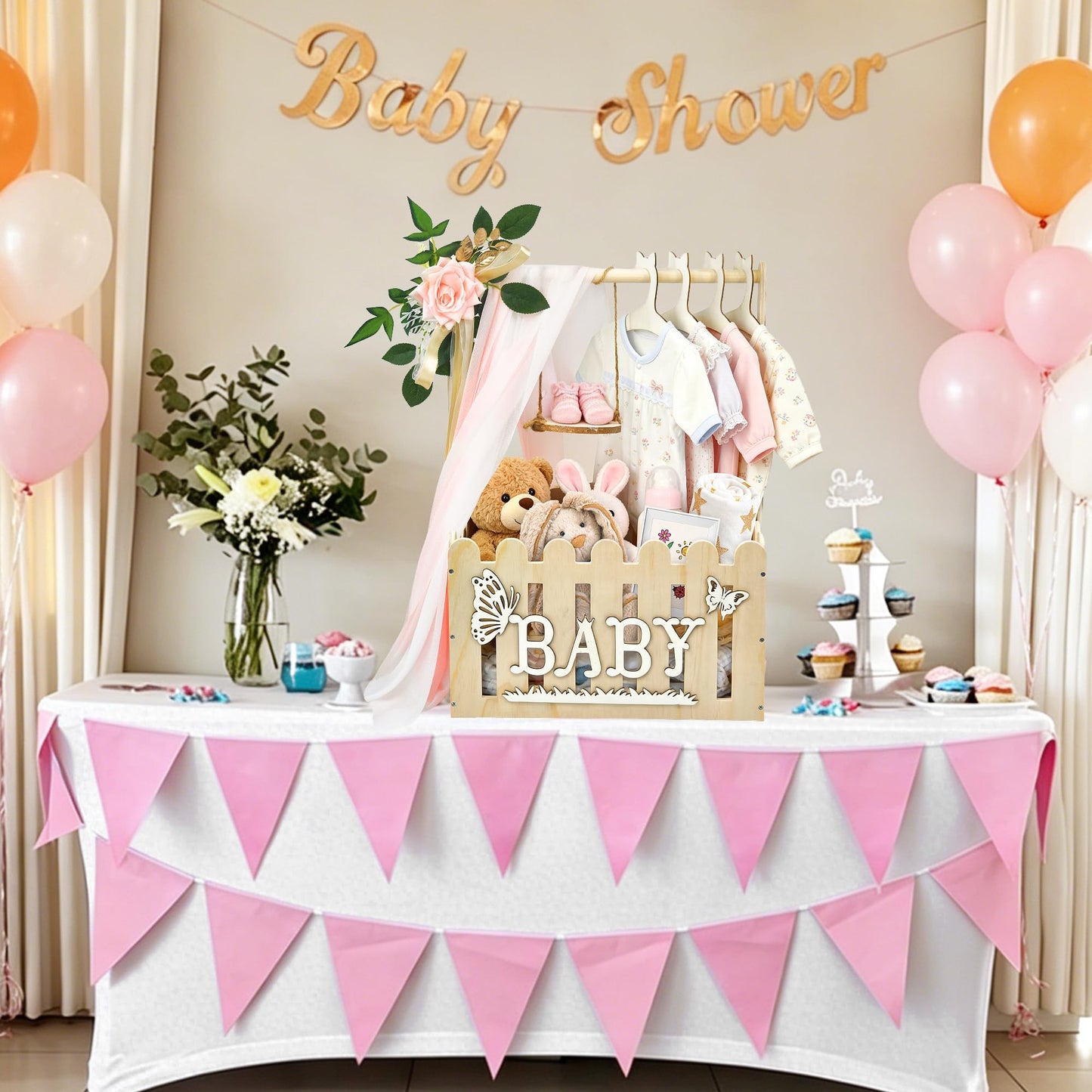 KYNUG Wooden Baby Shower Crate Closet With Hanger Rack, Wooden Baskets for Baby Shower With Handle Girl Welcome Box Personalized Baby Gifts Crates - Easy Assembly (Girl)