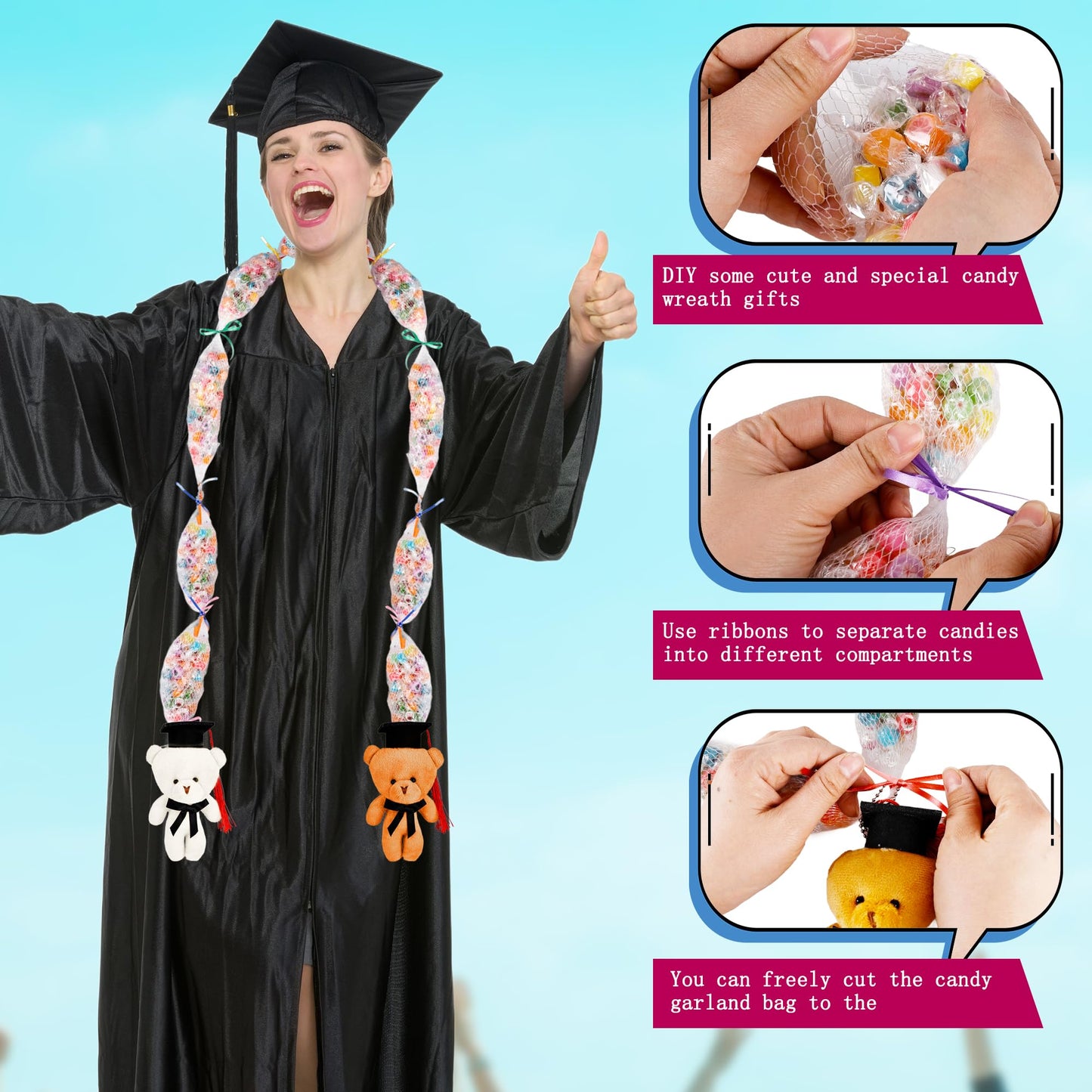 Conagel 89 Pcs Graduation Stuffed Bear Candy Lei Making Kit Included 55 pcs 66 ft Candy Lei Tubing Mesh Bags 10 Colors Ribbon 24 Graduation Bears for DIY Graduation Wreaths Party Favors