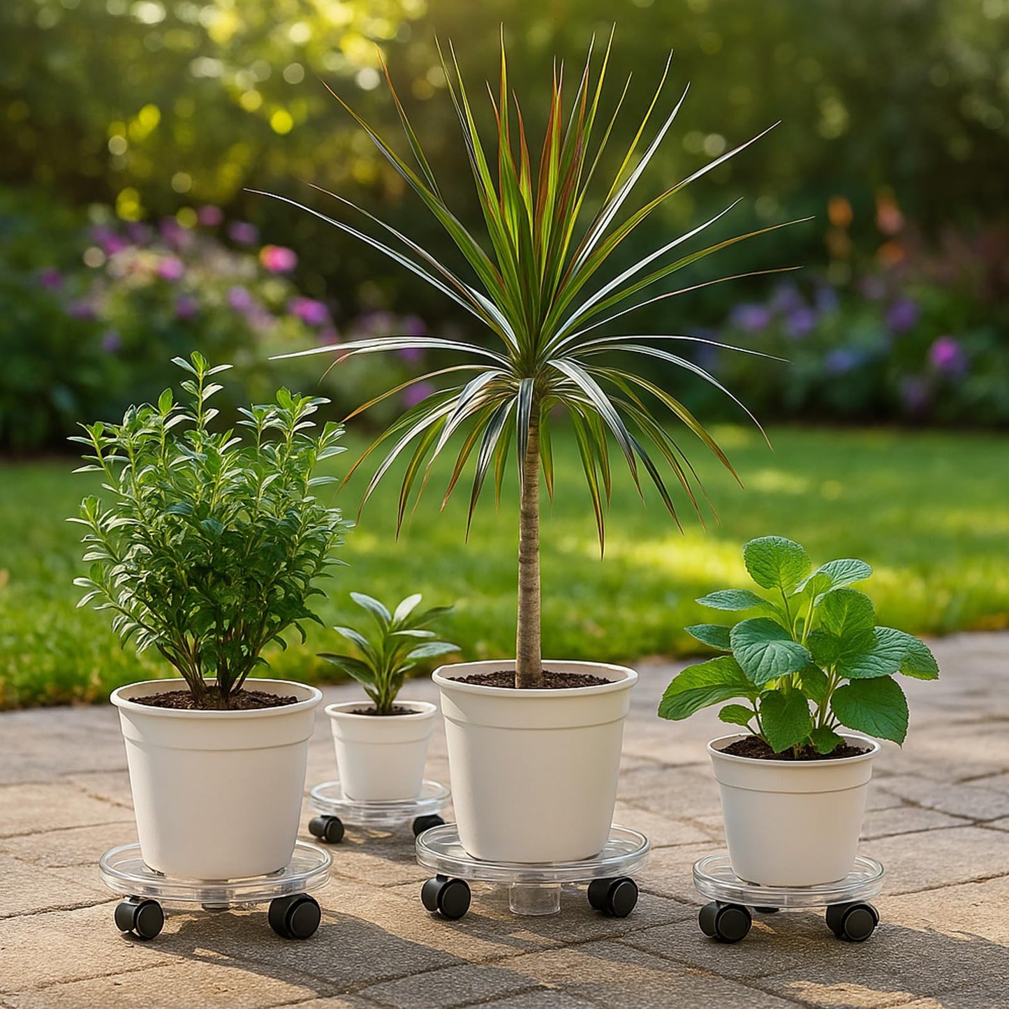 KvyusFlourish 4 Packs 13.8 Inches Large Clear Plant Caddy Plant Saucers on Wheels Rolling Plant Stands Heavy-duty Plant Dolly Plastic Planter Roller Base Pot Movers Outdoor Plant Tray Coaster