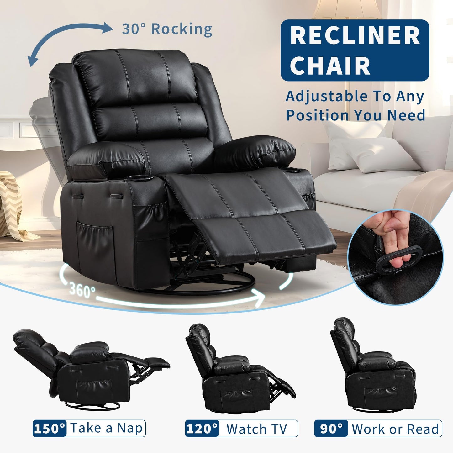Rocking Recliner Chair for Adults PU Leather Wide Upholstered Glider Recliner with Cup Holder Deep Seat Single Sofa Rocker Chair for Nursery Living Room