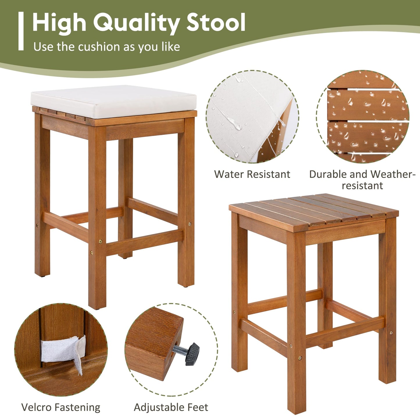 Merax 5 Piece Outdoor Acacia Wood Dining Table Bar Set, Patio Acacia Wood Bar Height Table & 4 Stools with Cushions, Wood Dining Bar Set for Backyard, Poolside, Balcony, Beige Cushion + Natural Wood