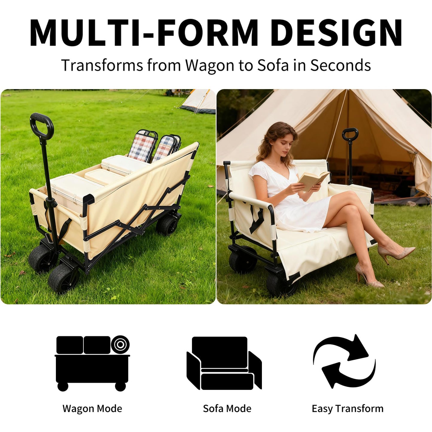 Collapsible Folding Wagon, Foldable Beach Wagon Cart with 300L Storage Collapsible 330LBS Folding Cart Adjustable Handle, Outdoor Utility Wagon for Groceries, Camping, Sports, Shopping