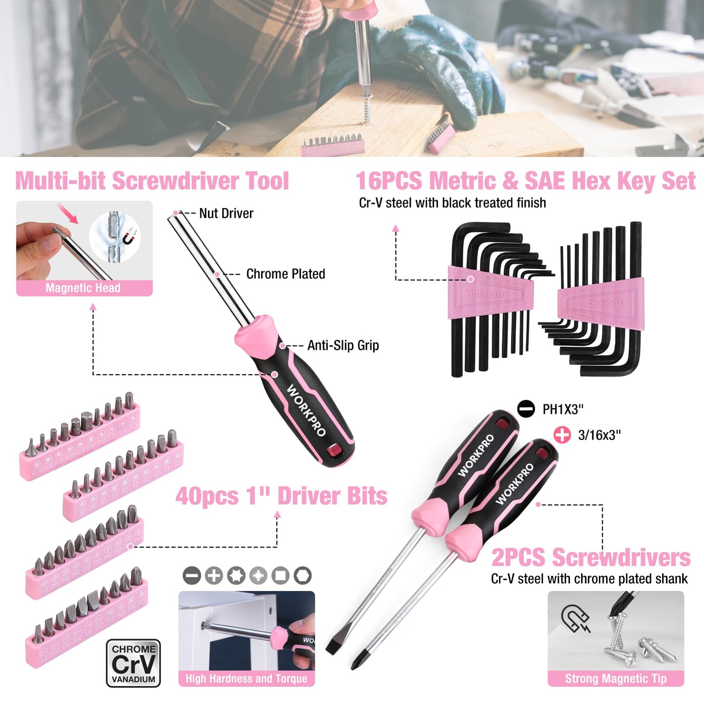 WORKPRO Pink Tool Set, 284 PCS Tool Kit for Women, Basic Household Pink Tool Box with Sockets, Pliers, Ratchet Handle, Portable Toolkit for Home Repair, New Apartment, House-Warming, DIY - Pink Ribbon