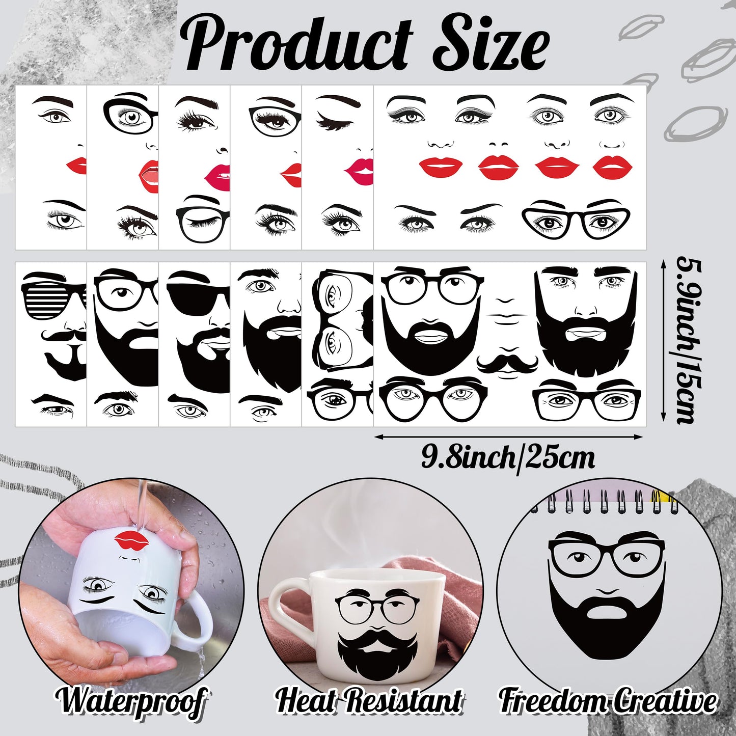 DSjuedui Face Stickers for Crafts - 12 Sheets DIY Vinyl Face Waterproof Decoration Transfer Decals for Flower Pots, Funny Eyes Nose Mouth Stickers for Wood Wall Water Bottles DIY Crafts Party Supplies