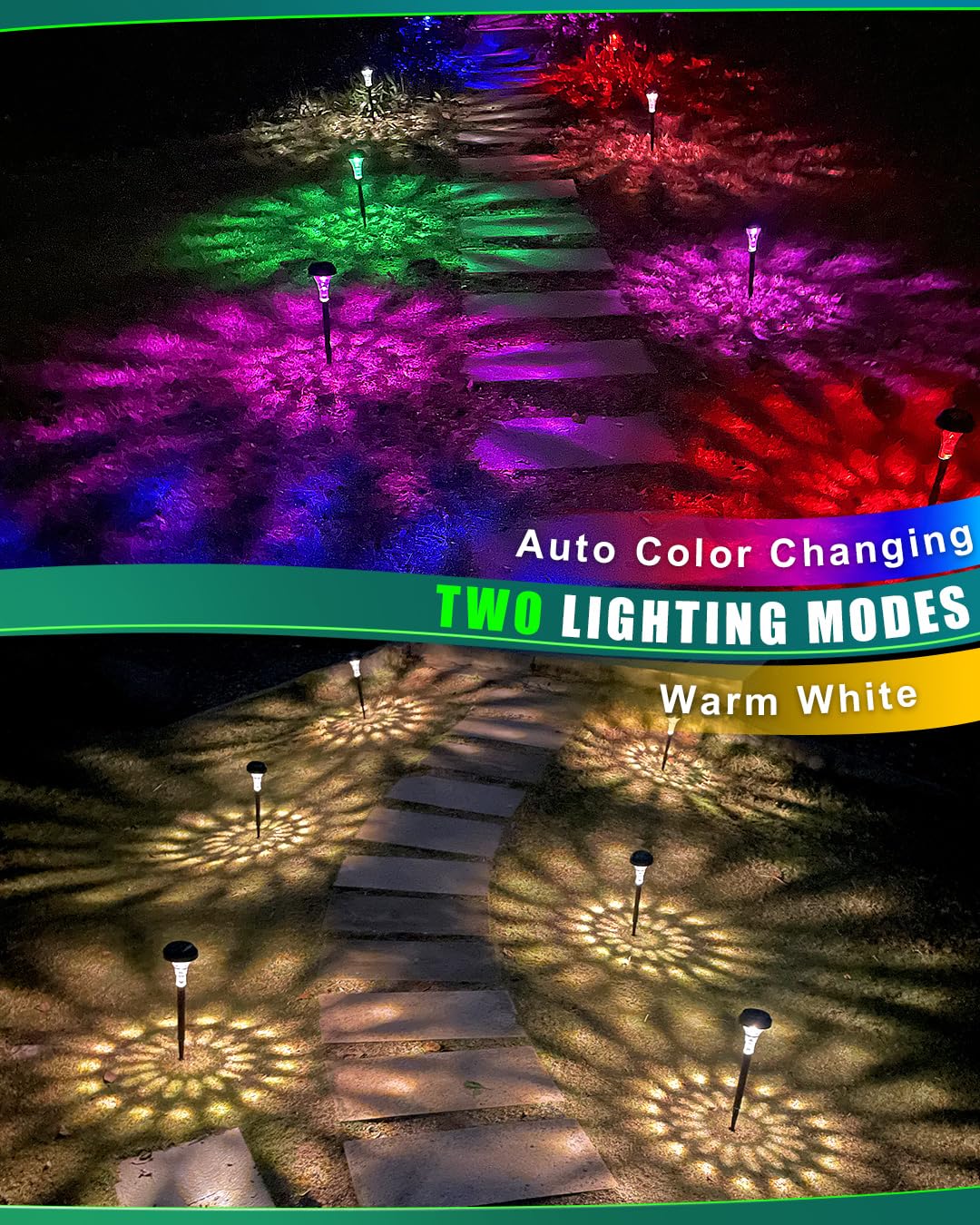 fomaia Solar Pathway Lights 12 Pack, Outdoor Solar Garden Yard Light RGB Color Changing+Warm White IP67 Waterproof, Solar Powered Garden Lights for Walkway Yard Backyard Lawn Landscape