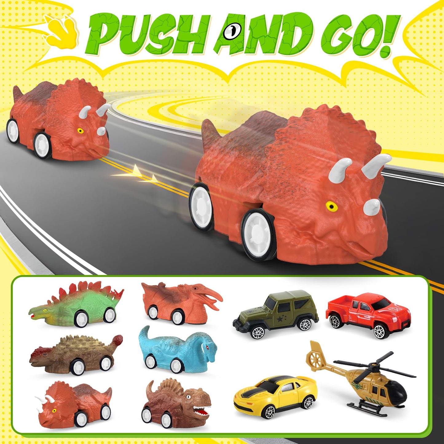 SpringFlower 11 in 1 Dinosaur Toys, Dinosaur Toys for Kids 3-5, Dinosaur Truck with 10 Pull Back Cars, Toddler Boy Toys Age 3 4 5, Boy Birthday Gifts with Sounds & Lights & Spray