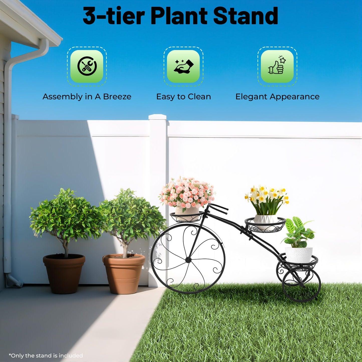 Nwkxnrt Bike Planters for Outdoor Plants 3-Tier Flower Cart Display Stand – Set Includes an Openwork Flower Basket and Casters, Suitable for Decorating Gardens, Patios, and Lawns