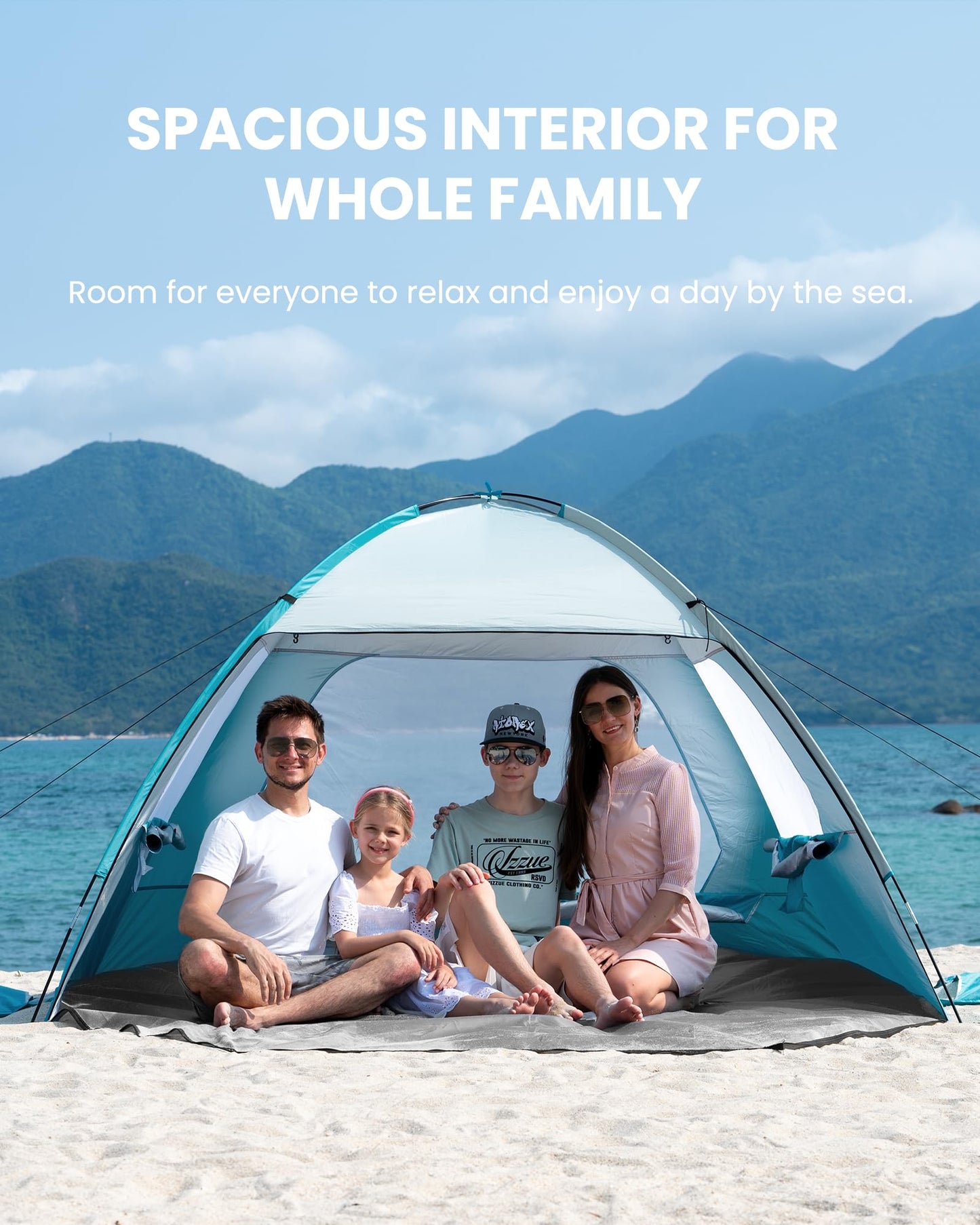 OutdoorMaster Beach Tent for 3/4 Person - Easy Setup Sun Shade Shelter, Portable Beach Shade Sun Canopy with UPF 50+ UV Protection, Removable Skylight Family Size - 4 Person Olive Green