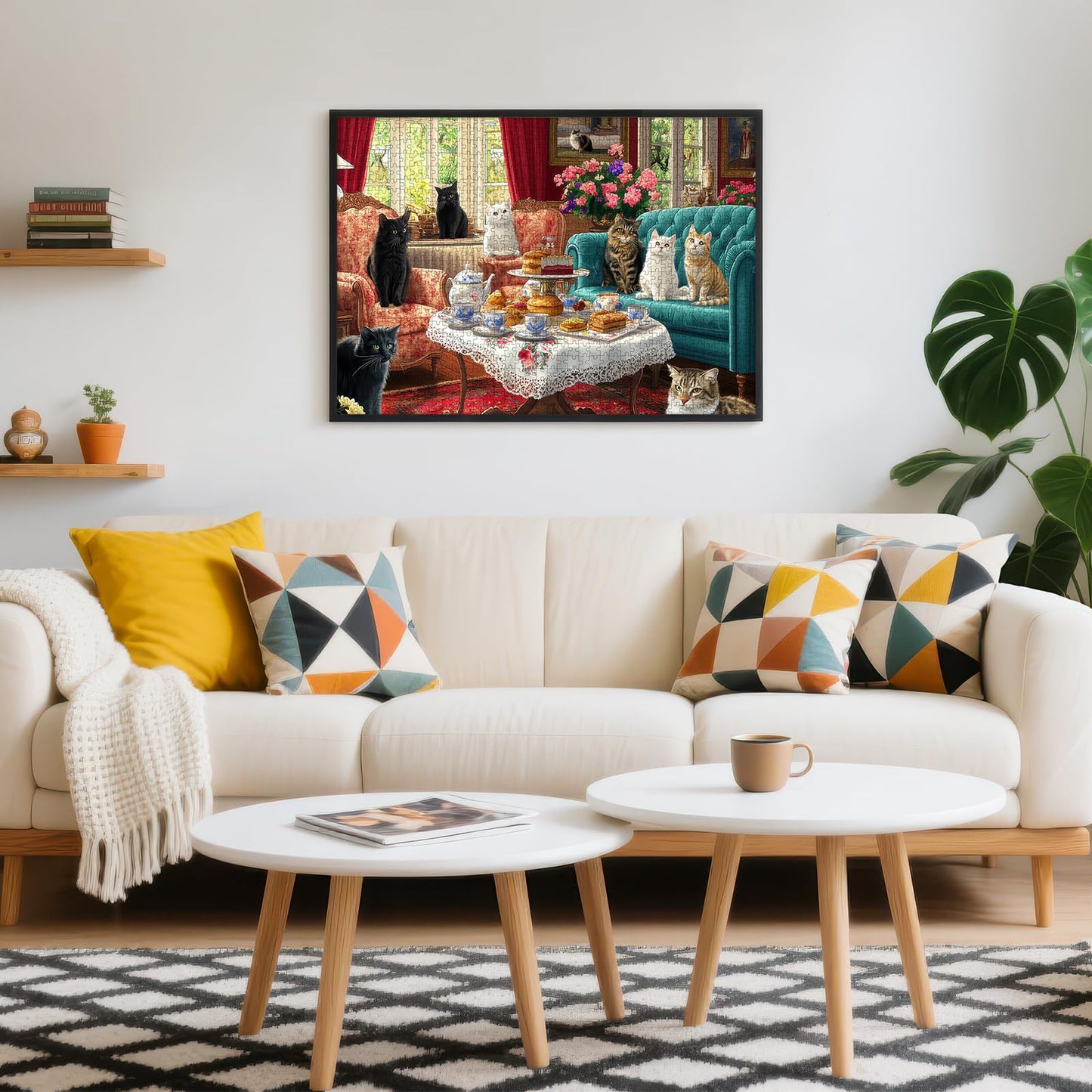Cat Afternoon Tea Puzzles for Adults 1000 Pieces, Vintage Cat Jigsaw Puzzle with Letters on Back, 28x20 Inch Wall Art, Hard Challenging Family Game, Easter