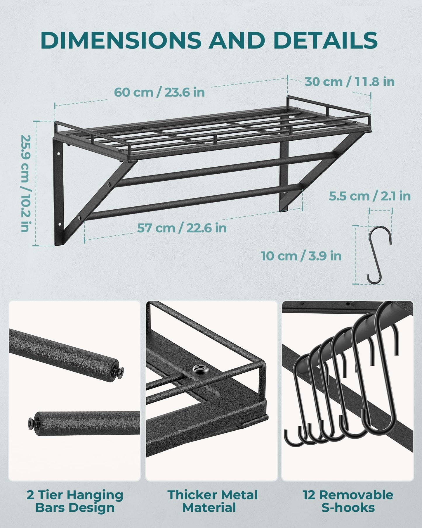 OROPY 23 Inch Wall Mounted Pot Rack Storage Shelf with 2 Tier Hanging Rails 12 S Hooks included, Ideal for Pans, Utensils, Cookware, Plant Black
