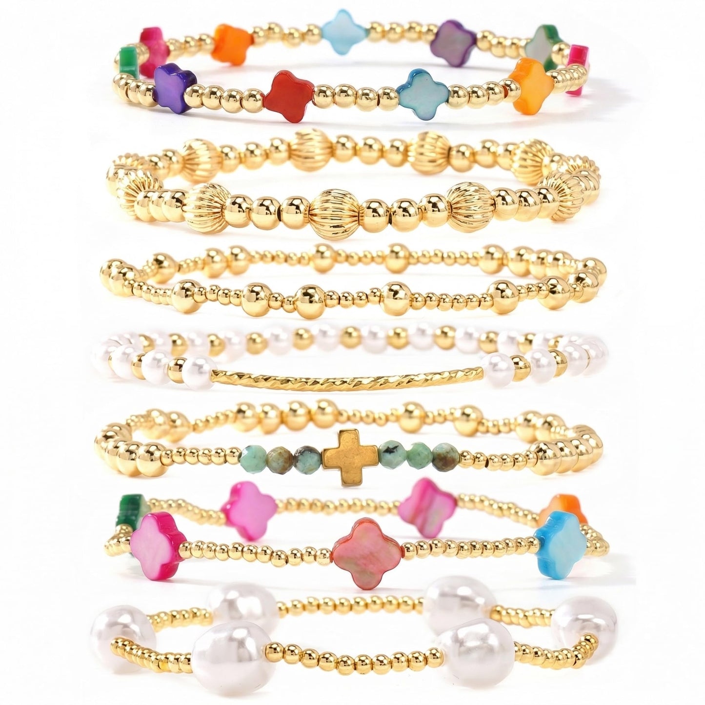 SHINUS BOHO 14K Gold Beaded Colorful Clover Bracelets Stack for Women,7PCS Bohemian Cross Pearl Beads Stackable Stretch Bracelet Set Fashion Birthday Prom Jewelry Accessories Gift Friendship Sister