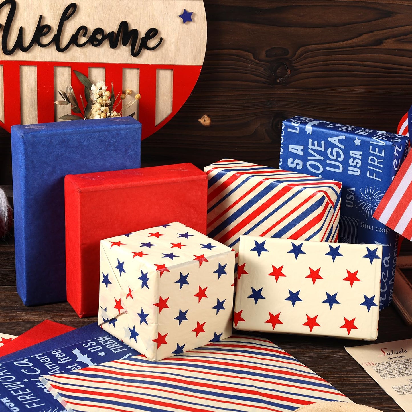 100 Sheet Retro Patriotic Tissue Paper, 5 Styles Stars Stripes Patterns Patriotic Art Tissue Paper for Veterans Day DIY Crafts 4th of July American National Day Party Supplies, 13.8 x 19.7‘’