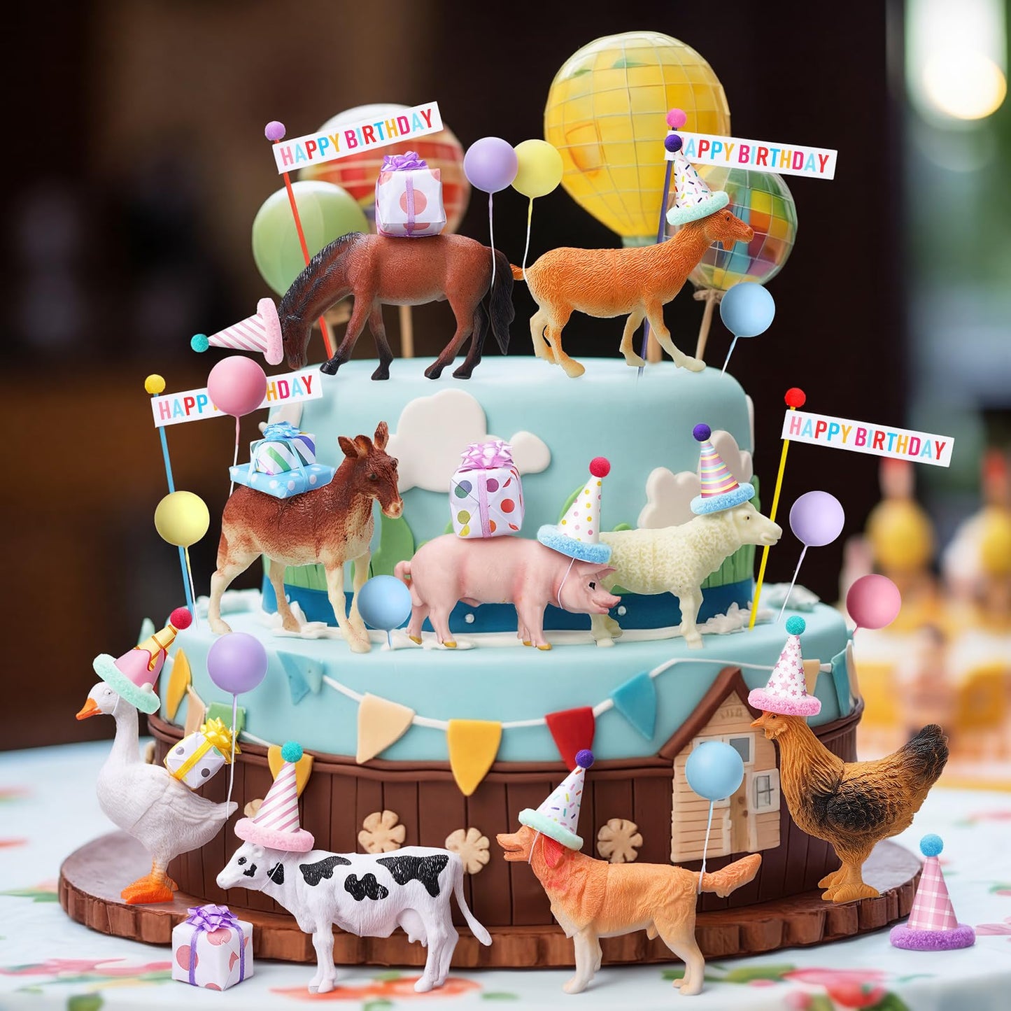 Weysat 37 Pcs Farm Animal Birthday Party Decorations, Farm Cake cupcake Toppers with Mini Hats Miniature Flags Gift Boxes Balls Bows Figure Models for Farmhouse Birthday Party Decor Supplies Adults