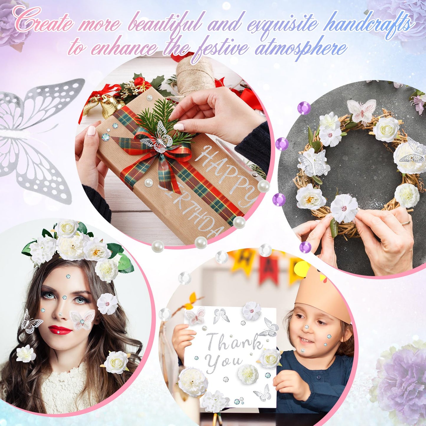 Hoteam DIY Graduation Cap Decorations Kit Included Faux Flowers 3D Butterfly Self Adhesive Rhinestones Glitter Alphabet Letter Stickers for 2026 Grad Cap Topper Party Gifts Decor(White)