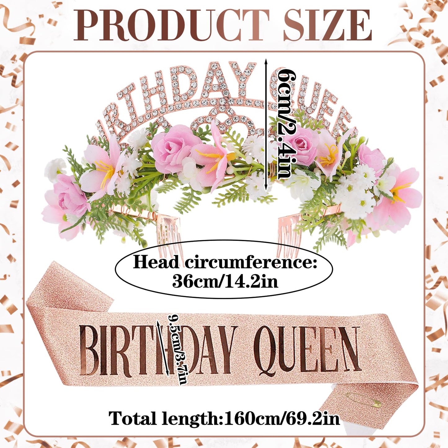 PartyforU Pink Birthday Queen Crown - Happy Birthday Tiara with Flowers and Sash Set for Party Photo Shoot Gift for Friend Mom