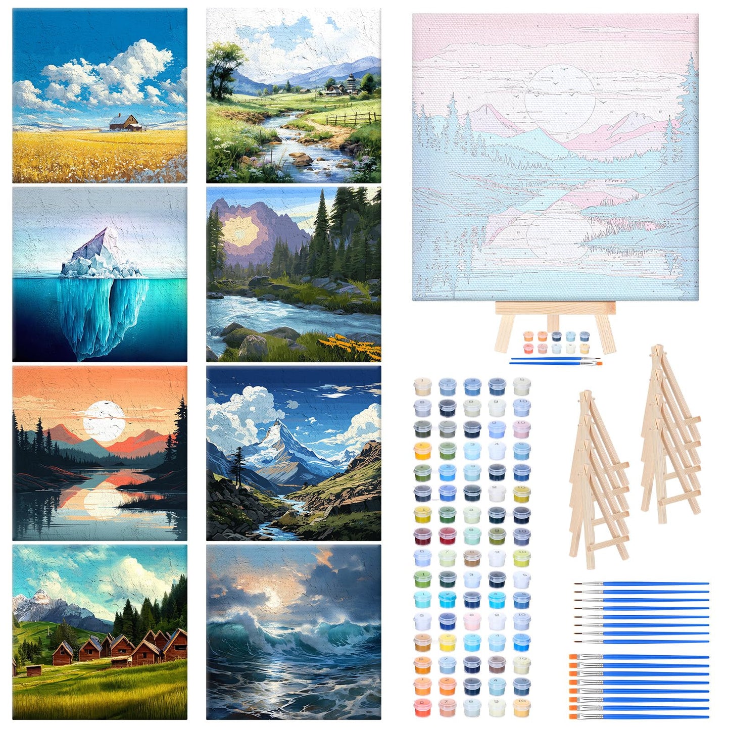 RoundFunny 8 Set Paint by Numbers Kit for Adults with 8x8 Inch Mini Simple Painting Canvas Wooden Frame Easel Acrylic Paints Brushes Funny Numbers Drawing Kit for Gift Home Wall Decor(Landscapes)