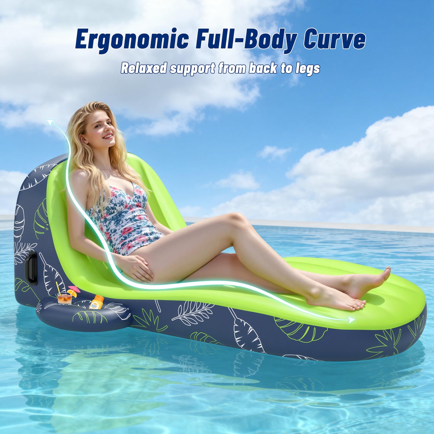 JOSEN Pool Floats Adult Heavy Duty, Inflatable Pool Lounger Float with Cup Holder and Caddy, Extra Large Pool Rafts for Adults, Tanning Pool Float Water Floaties Beach Lake Sunbathing