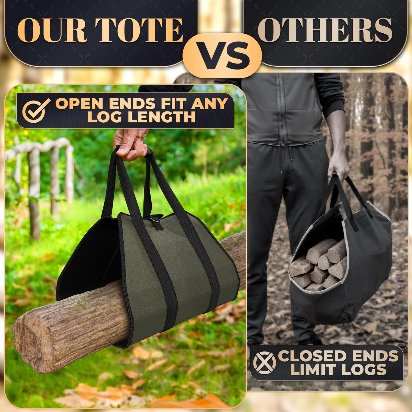 Water-Resistant Firewood Carrier Bag – 39.4"x18.5" Waxed Canvas Log Carrier for Firewood, Open-Ended Design, Large Capacity Wood Tote with Padded Handles, Buckle Strap & Folds Flat for Easy Storage