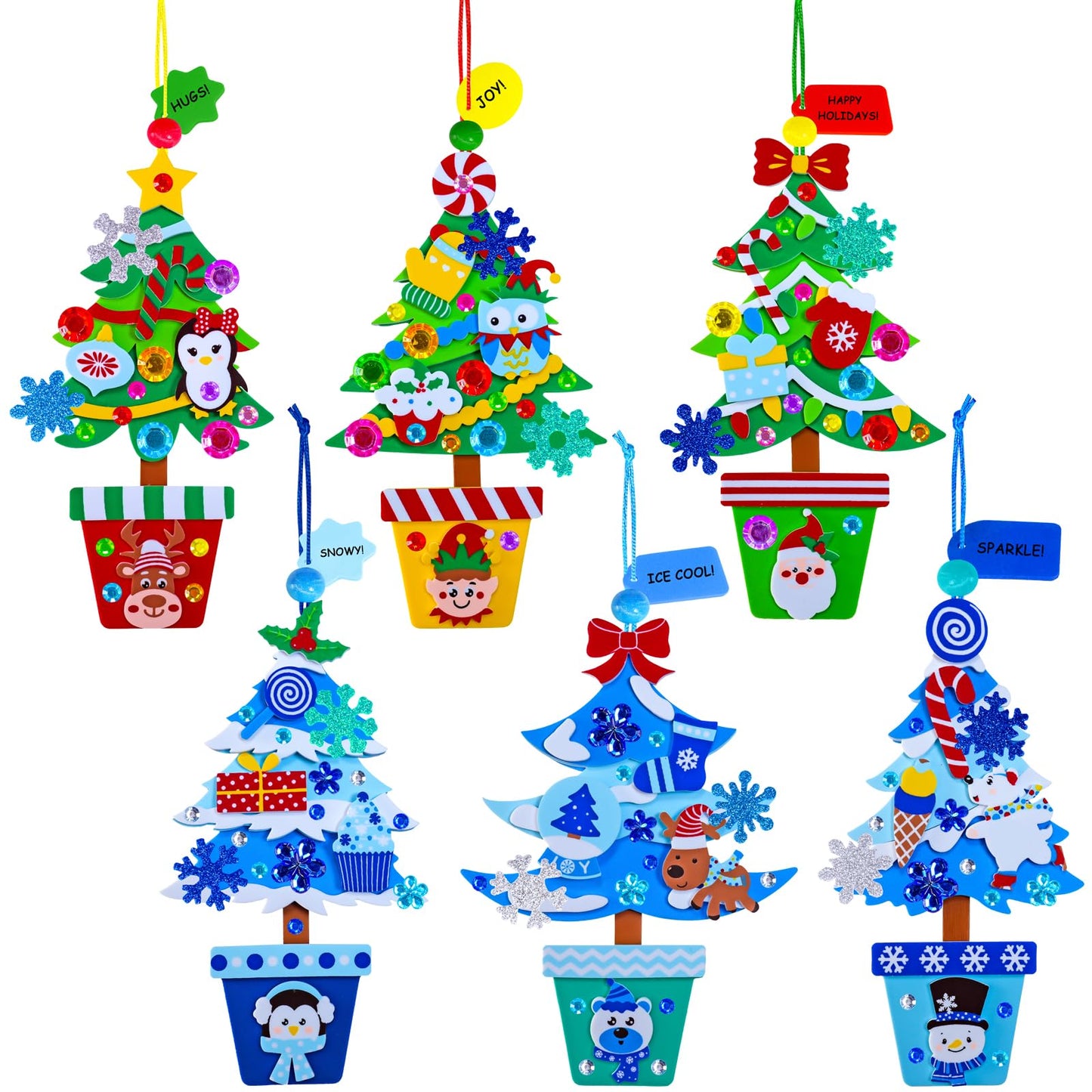 Winlyn 24 Sets Winter Decorations DIY Potted Pine Tree Ornaments Christmas Craft Kits Foam Tree with Festive Foam Stickers for Kids Holiday Seasonal Gift Home Classroom Activities Party Favors