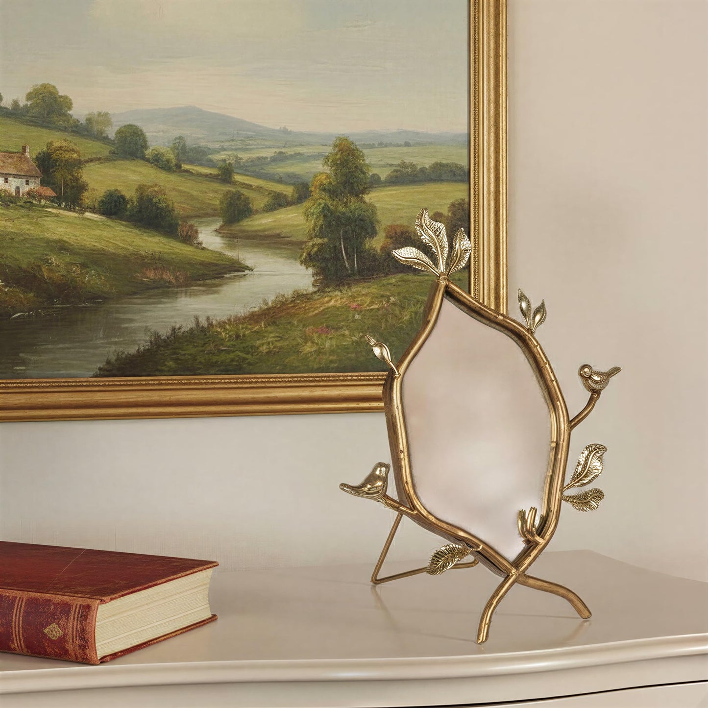 Creative Co-Op Metal Twig Framed Standing Mirror with Birds and Leaves, Gold