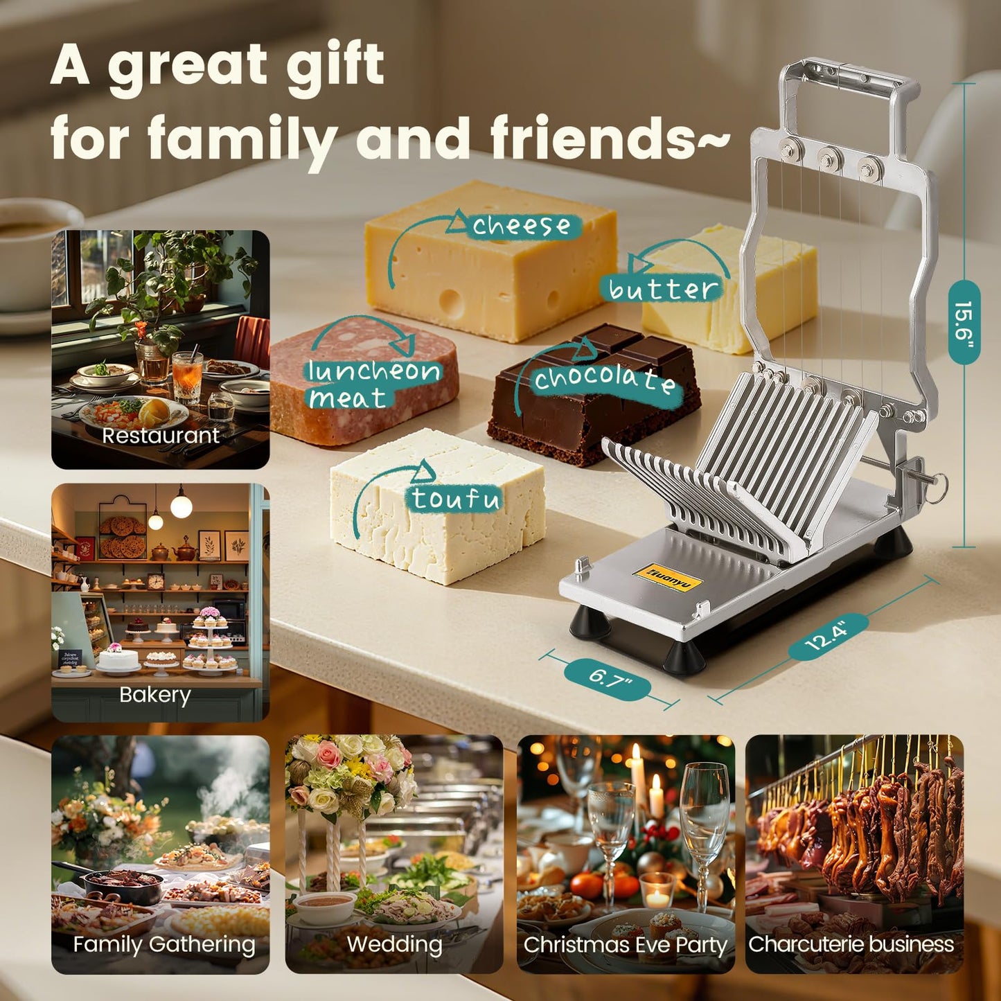 Huanyu Commercial Cheese Slicer Butter Cutter with 316 Stainless Steel Wire 3/8 IN&3/4 IN Blades Replaceable Block Cheese Cutting Board Aluminum Alloy Body Home&Restaurant Kitchen Cooking Baking Tool