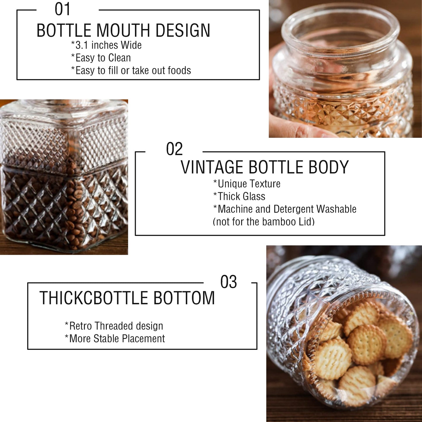 Large Glass Storage Jar, 60 FL OZ Glass Food Storage Containers with Bamboo Lid, Kitchen Containers Cereal Canisters Decorative Jar for Candy Snack Cookies Coffee Tea Nuts Airtight Jars