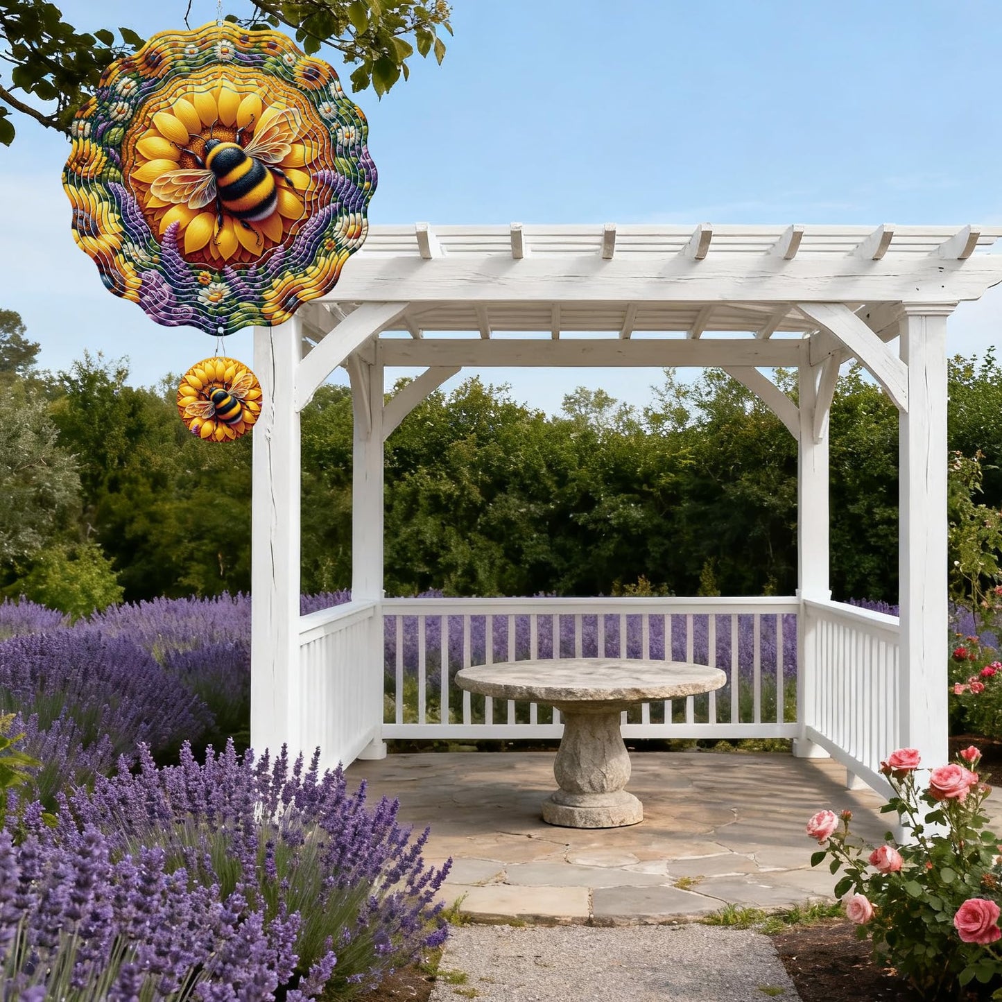 Rngmsi Sunflower Wind Spinners Outdoor Garden Decor for Outside, 3D Metal Bee Wind Spinner Hanging Decor Kinetic Art for Yard, 12 in Stainless Steel Hanging Gifts for Women Housewarming