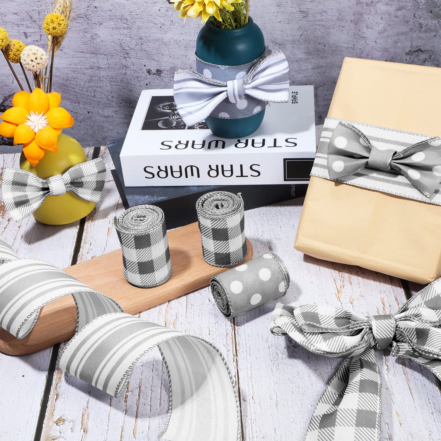 Moukeren Grey Wired Edge Plaid Ribbon 3 Rolls 2.5 Inch Farmhouse Buffalo Check Gray Ribbon Polka Dot Striped Belt Buffalo Plaid Belt Wire Decor for DIY Crafts Gifts Wreath Bow, 15 Yards