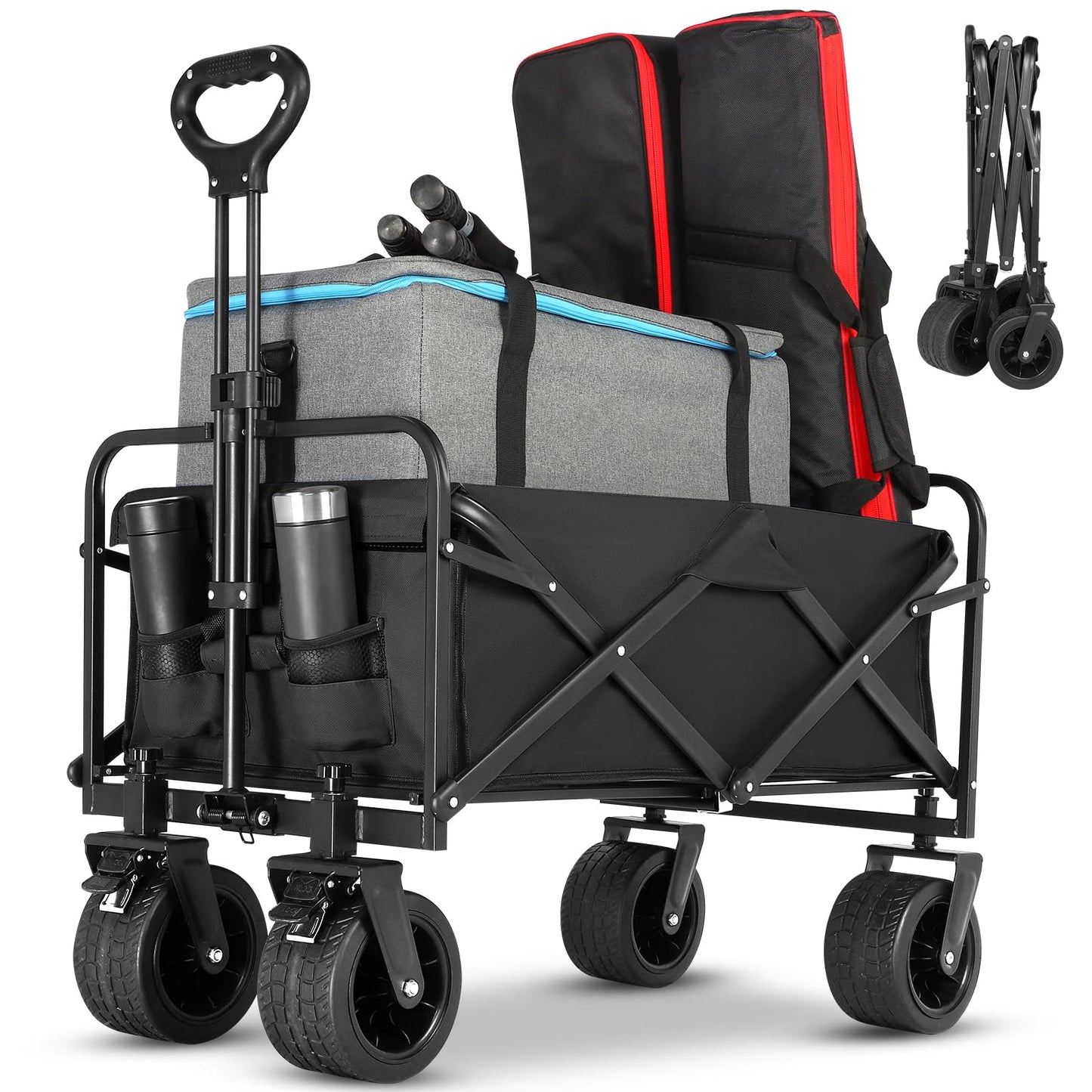 EVLIQUIL Collapsible Foldable Beach Wagon,Folding Wagon Cart with Big Wheels,Utility Grocery All Terrain Wagons carts Foldable with Brakes for Sand Camping Sports Outdoor(Deep Black).