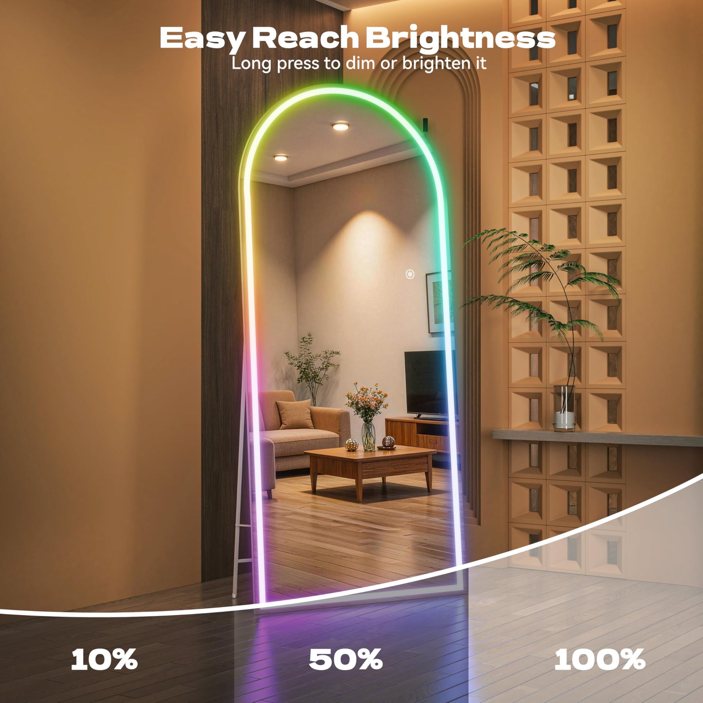 Hasipu Arch Full Length Mirror 83 x 36 in with Stand — Arch LED RGB Full Body Mirror, 7 Lighting Modes, Dimmable, Built‑in Bluetooth Speaker, White Frame for Bedroom Dressing Room