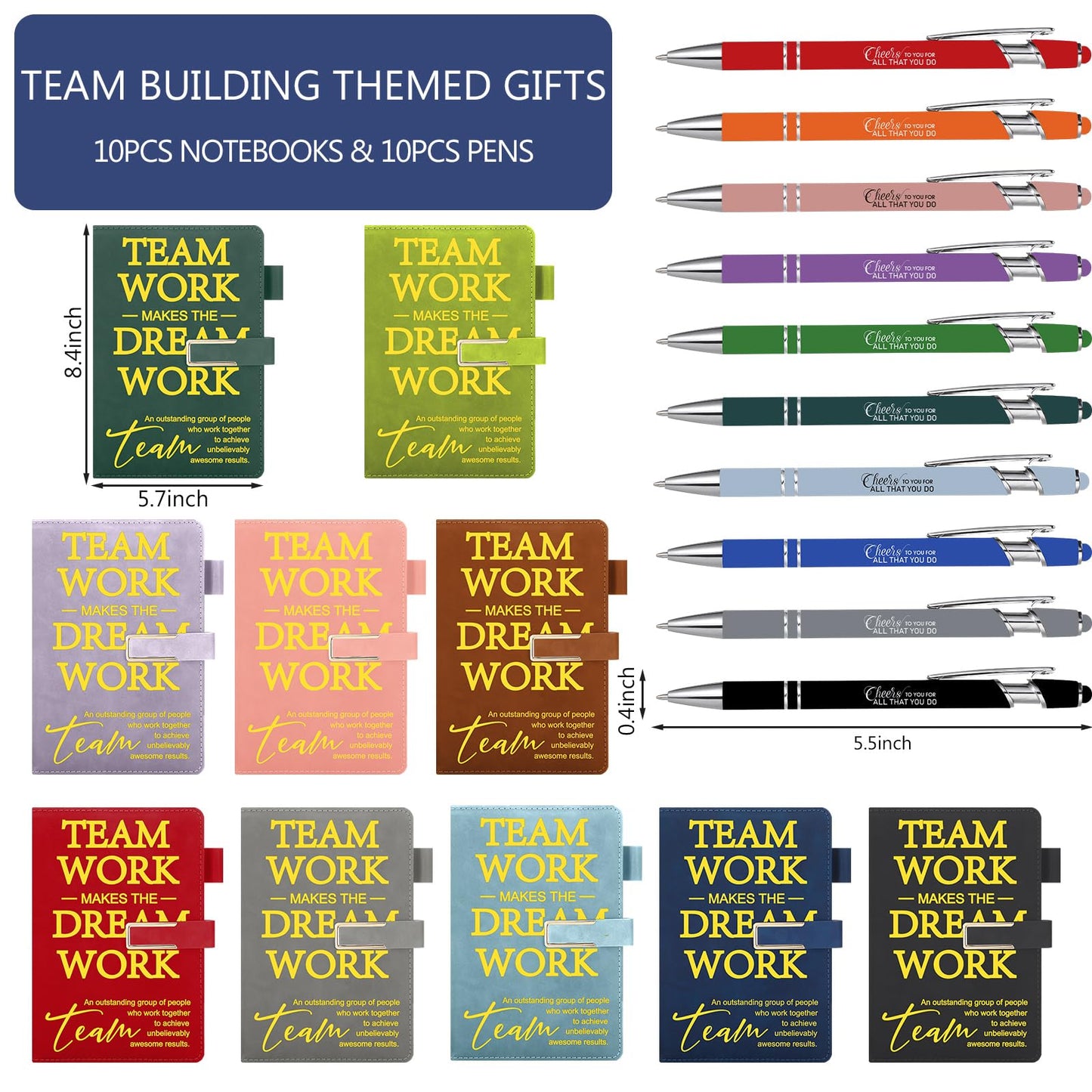 Chuangdi 20 Pcs/10 Sets Team Employee Appreciation Gift Bulk Teacher Nurse Week Gifts A5 Leather Inspirational Notebook and Metal Ballpoint Pen for Social Worker Secretary Coworker Staff(Multicolor)