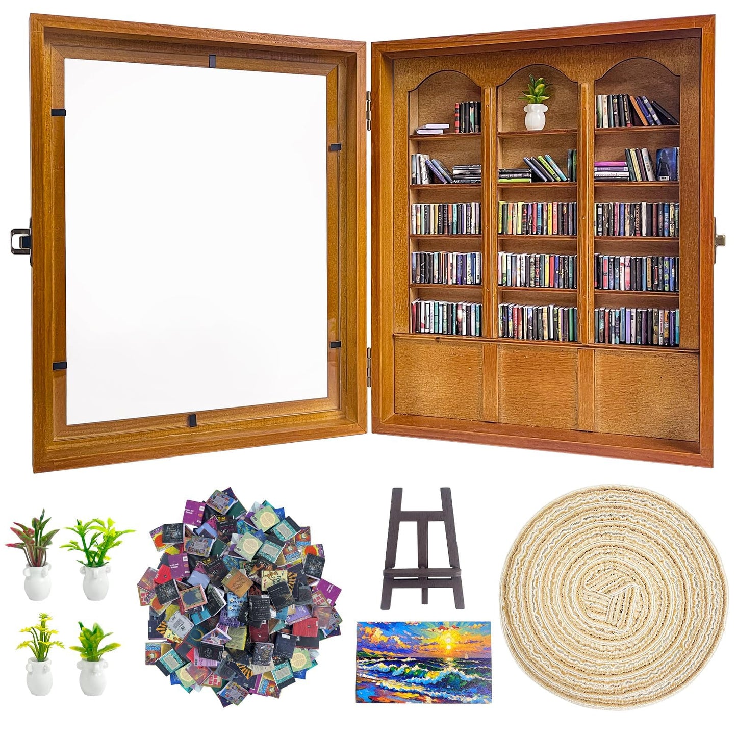 KALOPEZY Mini Bookshelf for Desk with 260 Tiny Books, DIY Anxiety Relief Wooden Book Nook Kit with Side Door, Acrylic Display Case with Easel Plant Rug, Stress Relief Decor Gift for Book Lovers Women
