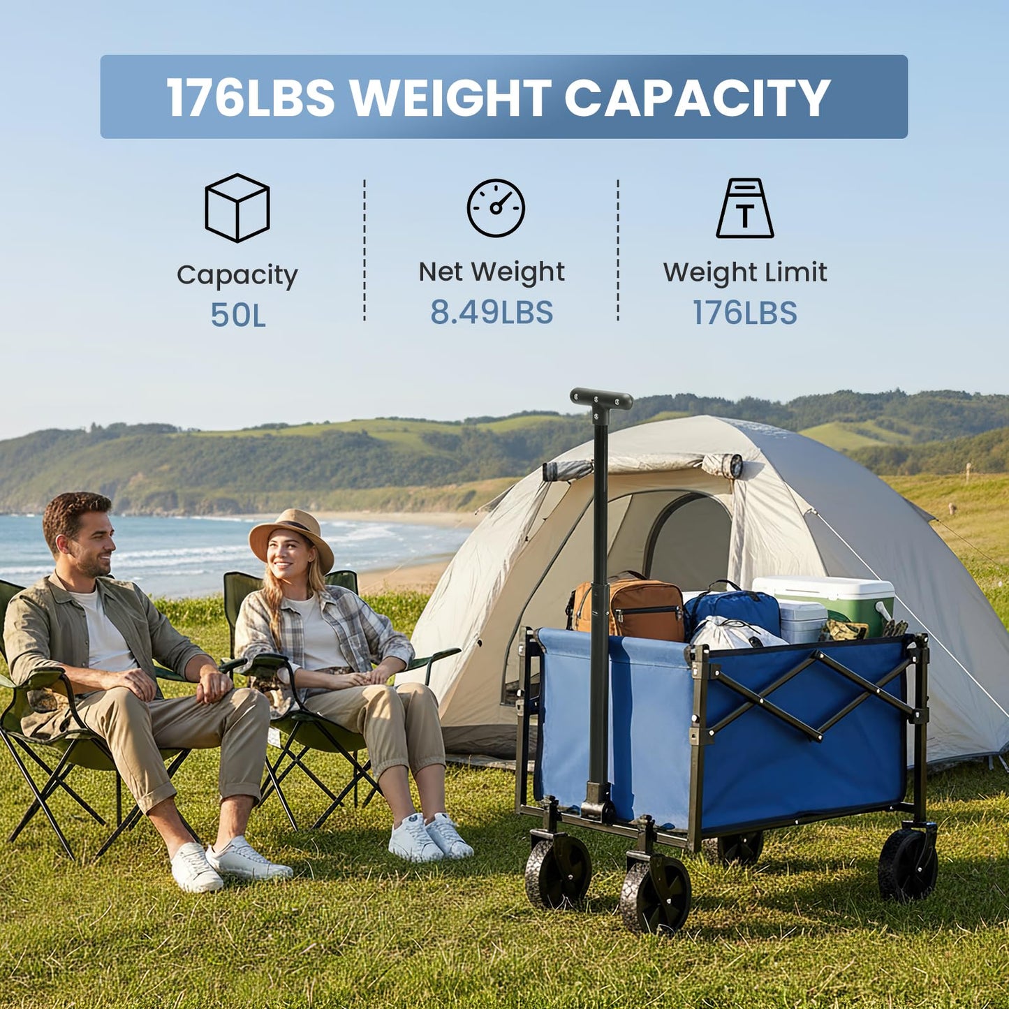 DUMOS Collapsible Wagon with Wheels, 220 lbs Wagons Carts Foldable Wagon Cart with Flexible Handle, Lightweight Portable Folding Utility Shopping Cart for Grocery Sports Garden Camping - Blue