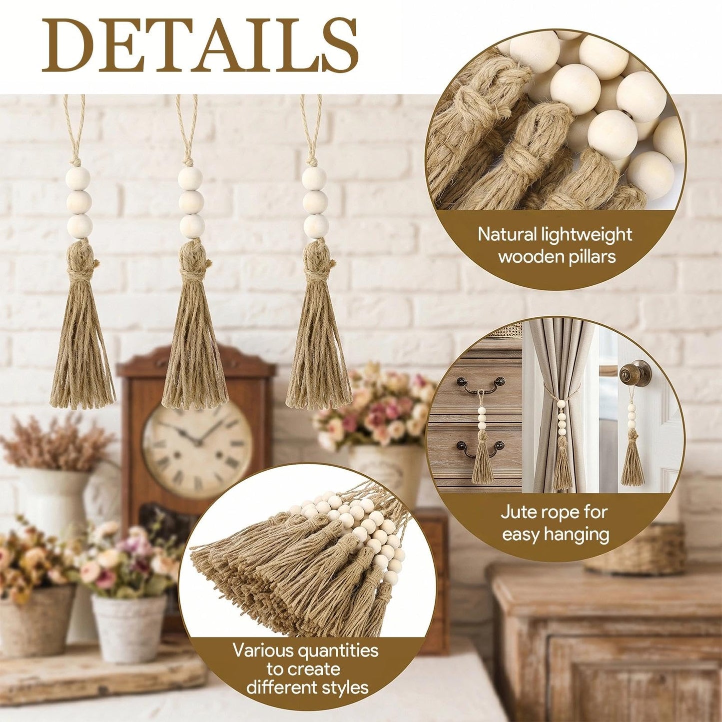 40 Pack Jute Tassels with Wood Beads, Tassels for Crafts, Natural Jute Rope and Wood Bead for Crafts, Bookmark Tassels,Tassels for Decoration DIY Craft Garland, Home Wedding Party Boho Decor