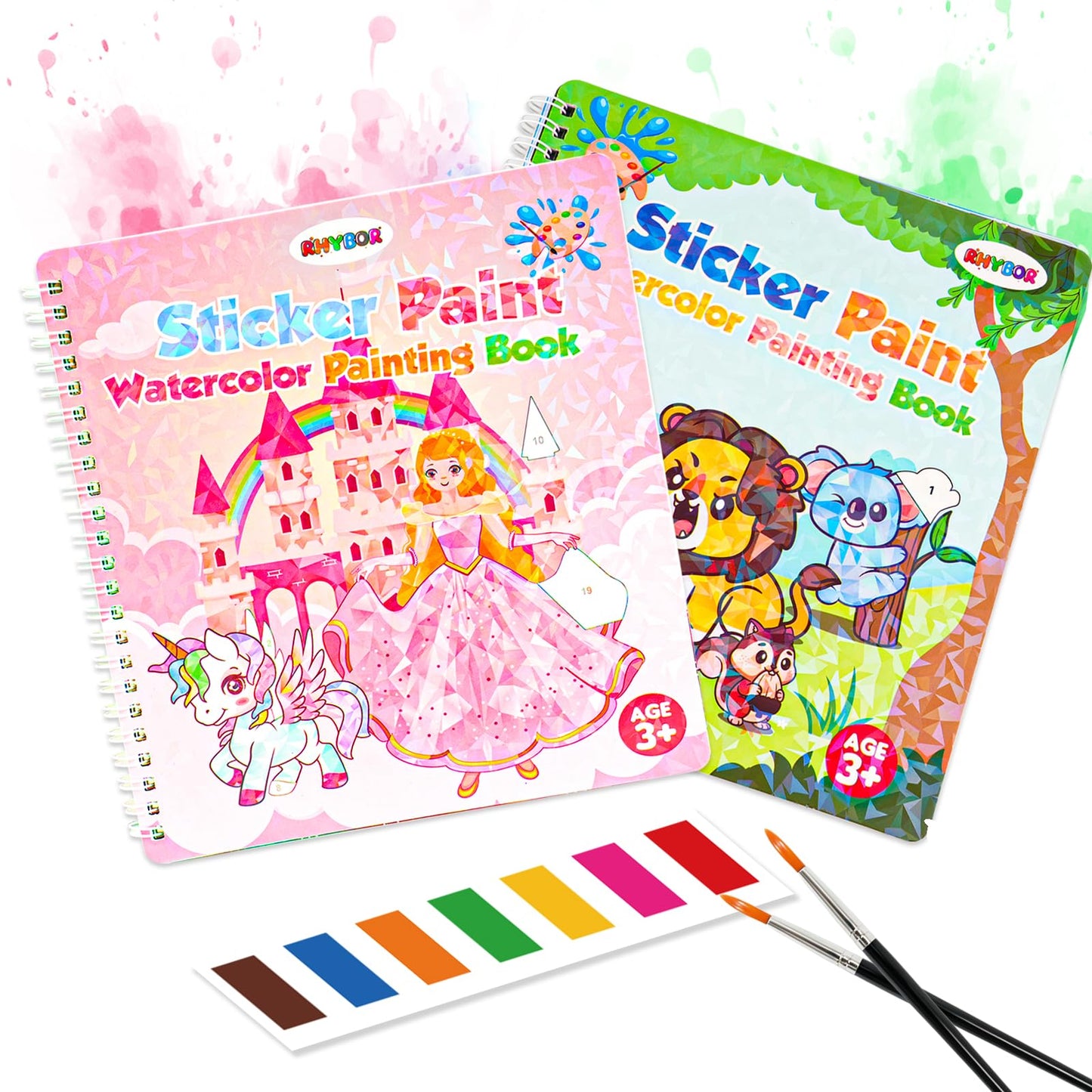 Water Coloring Books for Kids Ages 4-10, 2 Pack Paint by Sticker Activity Book, 20 Designs, Mess-Free Coloring with Built-in Paint & Brush, Travel Toys Gift