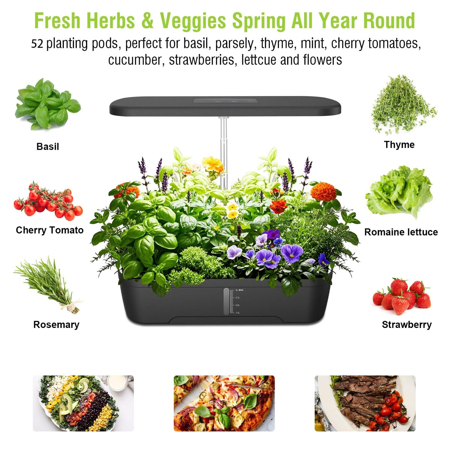 52 Pods Hydroponics Growing System Kit, Indoor Herb Garden with Smart LED Grow Light, Large Capacity Water Tank, Adjustable Height, Auto Timer & Quiet Pump for Home Kitchen Office Indoor Gardening