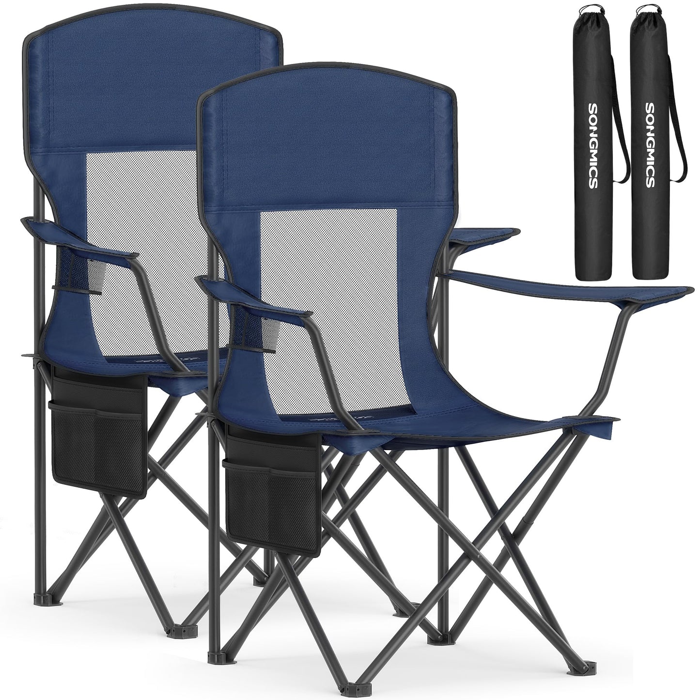 SONGMICS Breathable Camping Chairs, Foldable Outdoor Chairs Set of 2, High Back, Adjustable Armrests, Drink Holder, Weight Capacity 330 lb, for Sports Garden Backyard, Harbor Blue UGCB028Q01