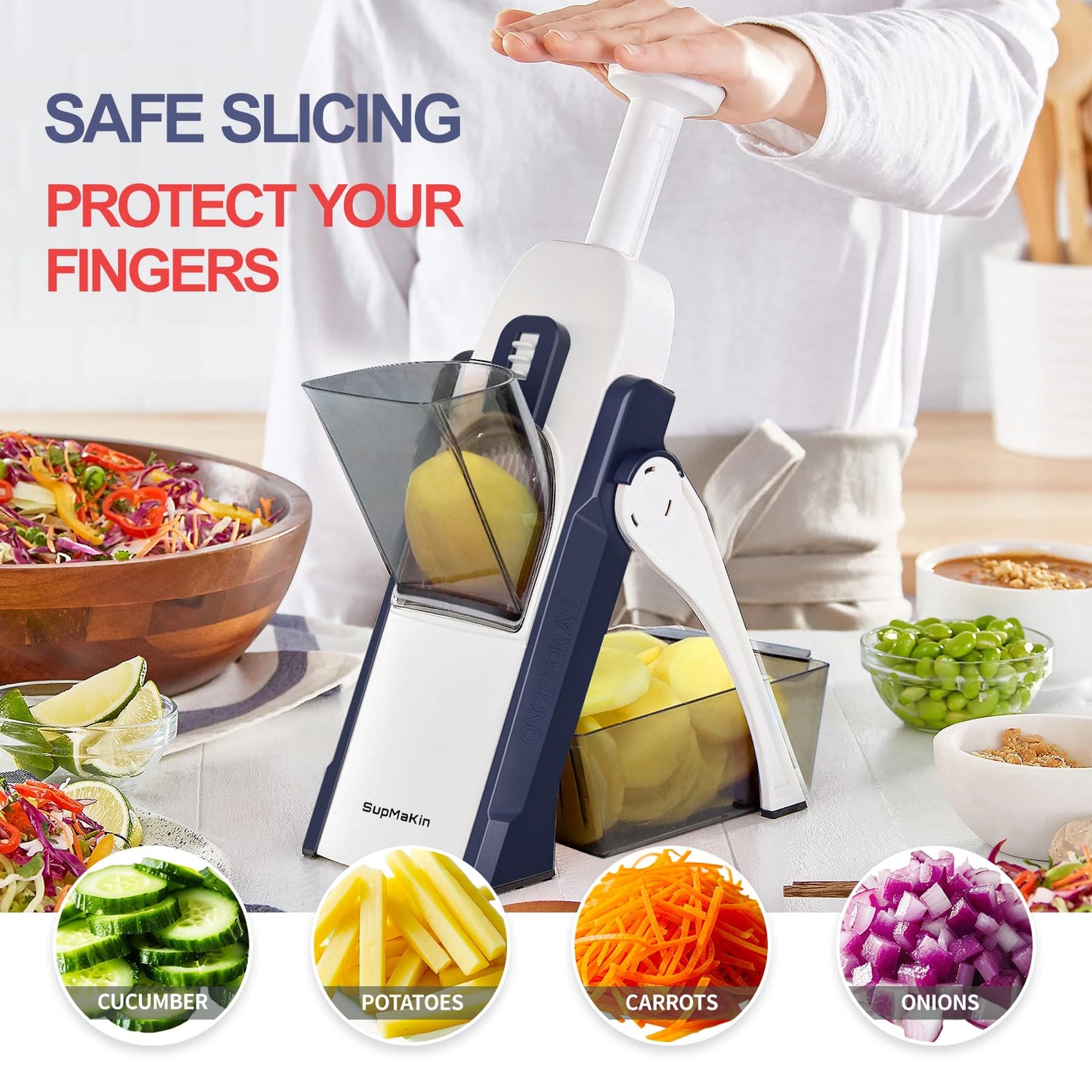 SupMaKin Safe Mandoline Slicer for Kitchen, Potato Slicer, All in 1 Vegetables Slicer and Chopper, French Fry Cutter, Adjustable Thickness, Dishwasher Safe Chopping Artifact Gift (Blue)