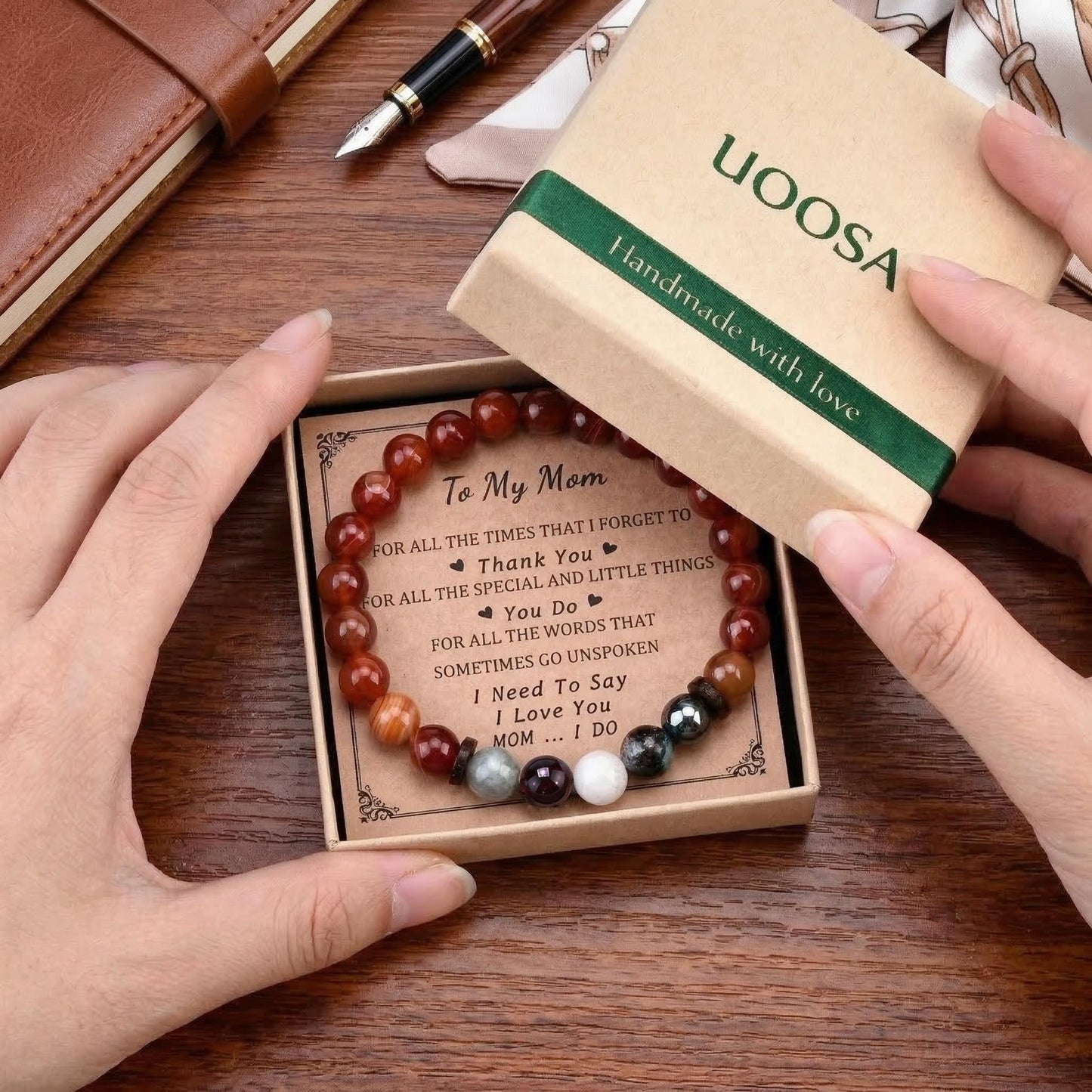 UOOSA Natural Stone Bracelet for Mom - 8mm Carnelian, Moonstone & Healing Crystals Beaded Jewelry with Message Card Box, 19cm Handmade Birthday Gifts from Daughter or Son