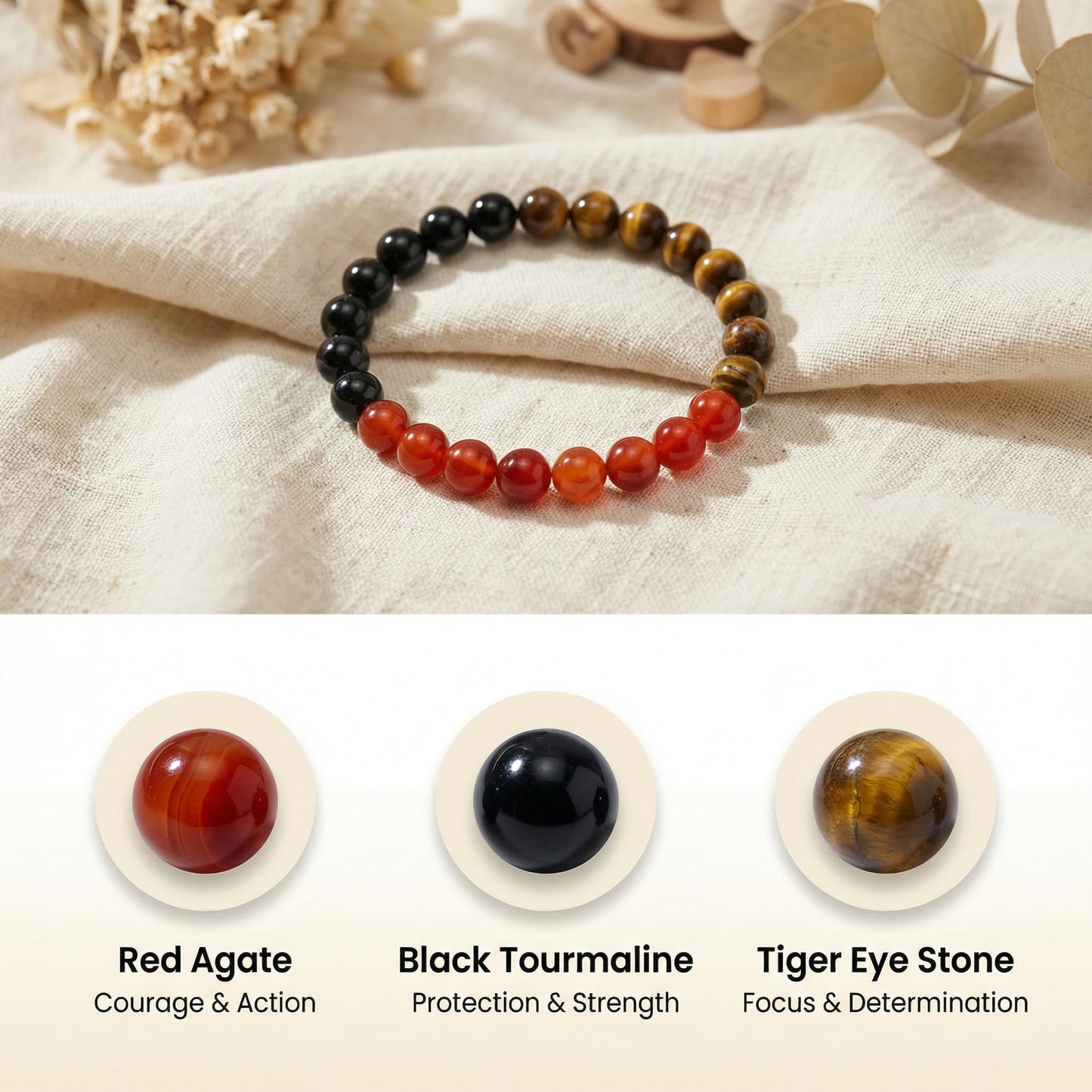 Bivei Self Confidence Bracelet, Strength Crystal Healing Bracelet 8MM with Red Agate & Black Tourmaline & Tiger Eye - Spiritual Stretch Beaded Jewelry for Women Men Gift