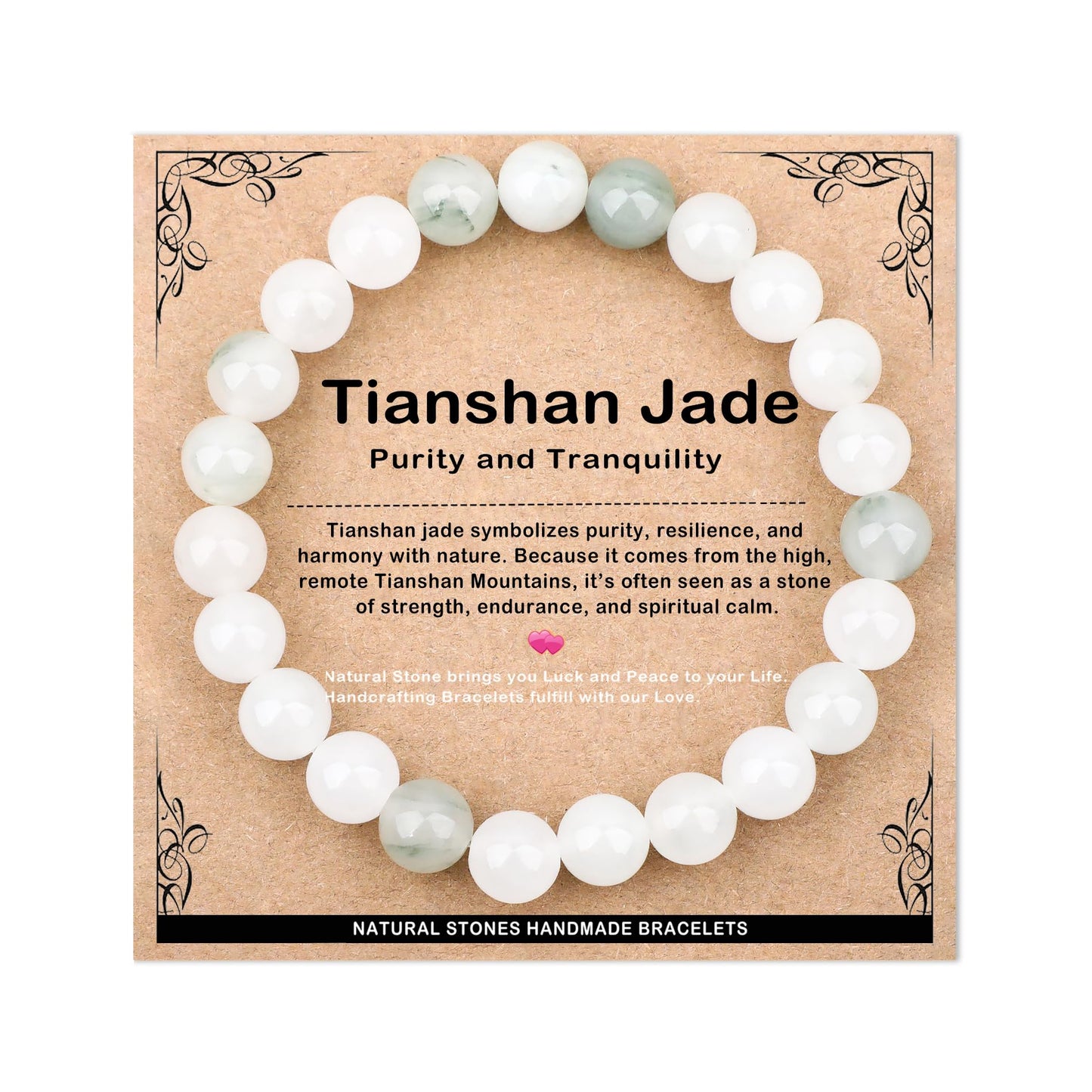 AD Beads 8mm Handmade Tianshan Jade Elastic Bracelet – Natural Gemstone for Purity and Tranquility – Meditation, Yoga, Healing and Energy Gift for Men Women