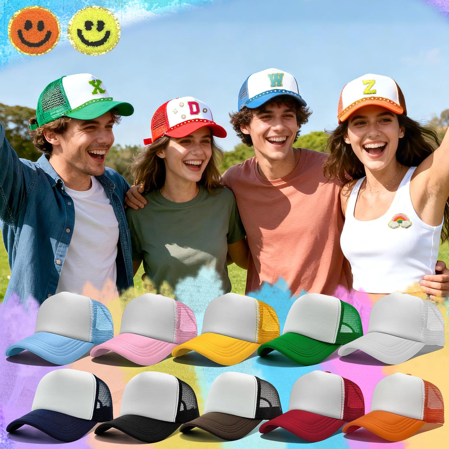 10 Pack Blank Trucker Hats DIY Kit Sublimation Youth Mesh Baseball Caps Adjustable with Bulk Colorful Trucket Hat Charms Chain Letter Embroidered Patches Pearl Pin Brooch Accessories for Women Men Par