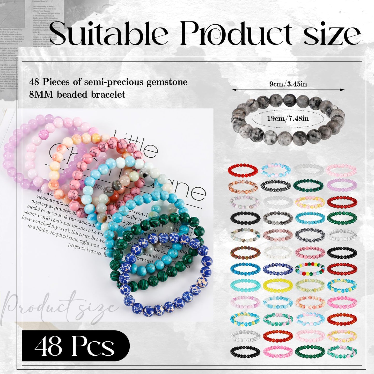 Landical 48 Pcs 8mm Round Beaded Bracelets for Women Men Semi Precious Gemstones Bracelets Crystal Stone Bracelet for Unisex