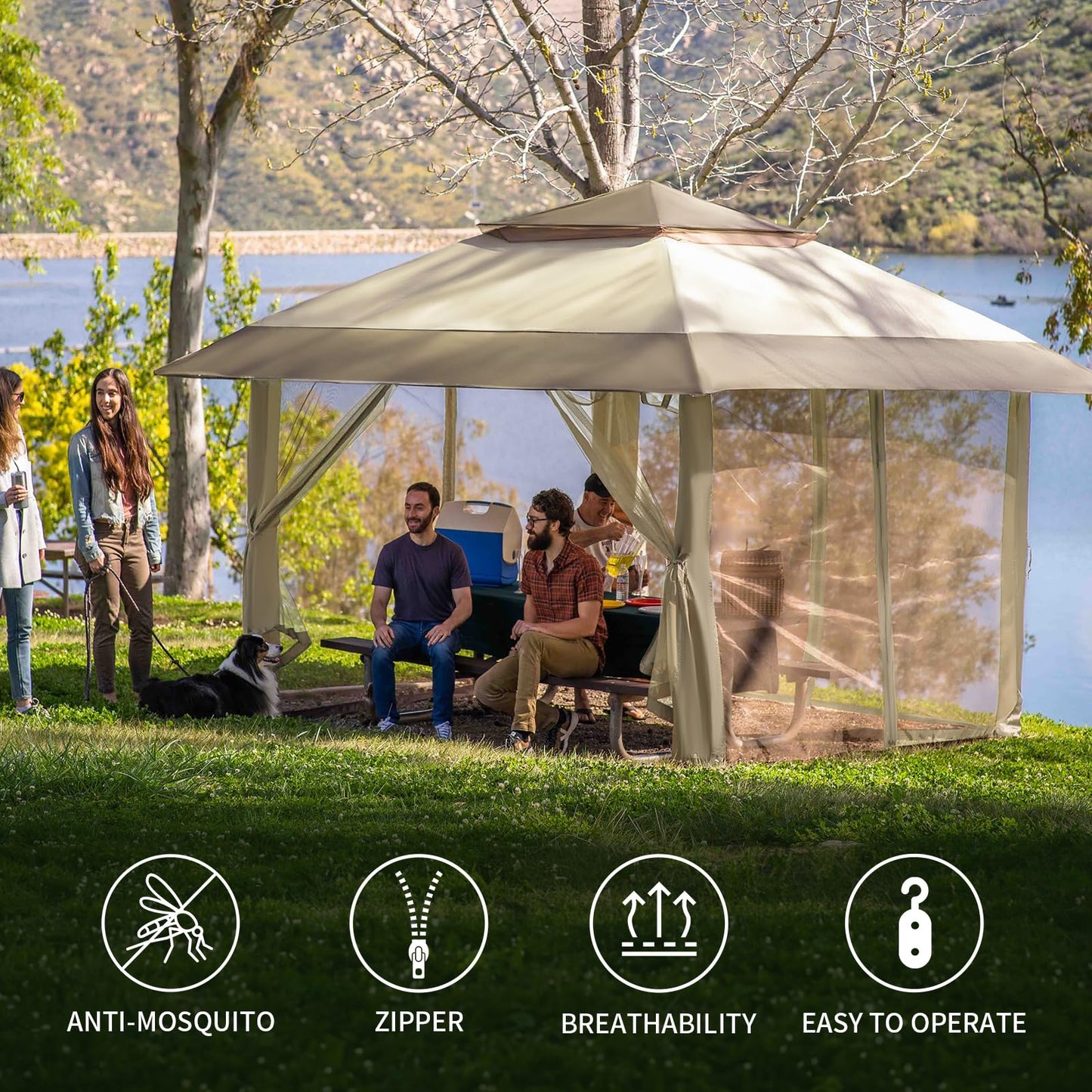 CROWN SHADES Gazebo Mosquito Net Only for 10 x 10 Pop Up Canopy - Patio Gazebo Replacement Mesh Sidewall with Zipper for Outdoor Tent, Garden and Backyard (4-Piece,Khaki)
