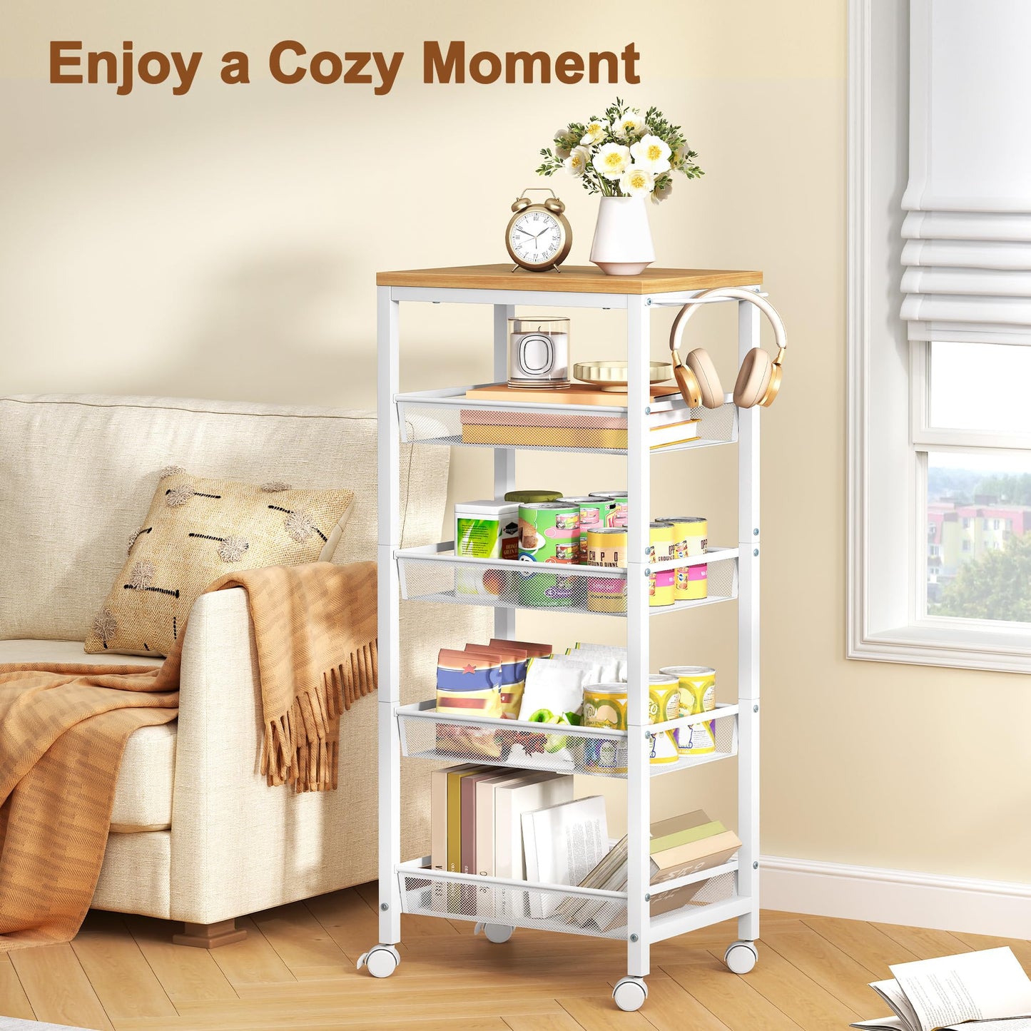 Hoctieon Rolling Storage Cart, 5-Tier 11.8" Wide Rolling Kitchen Storage Cart, Utility Cart with Handle & Wheels, Mobile Shelving Unit, Metal Frame Narrow Cart for Home Kitchen, Laundry, Oak Beige
