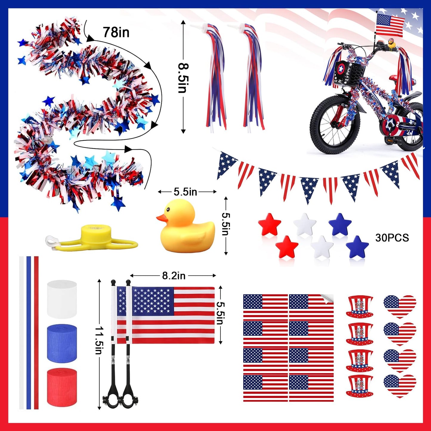 4th of July Bike Decorations for Kids - Parade Patriotic Bicycle Decor, Red White Blue Bike Tassels Streamers, Tinsel, Rubber Duck, Wheel Spokes Beads, American Flags for Independence Day Party Favor
