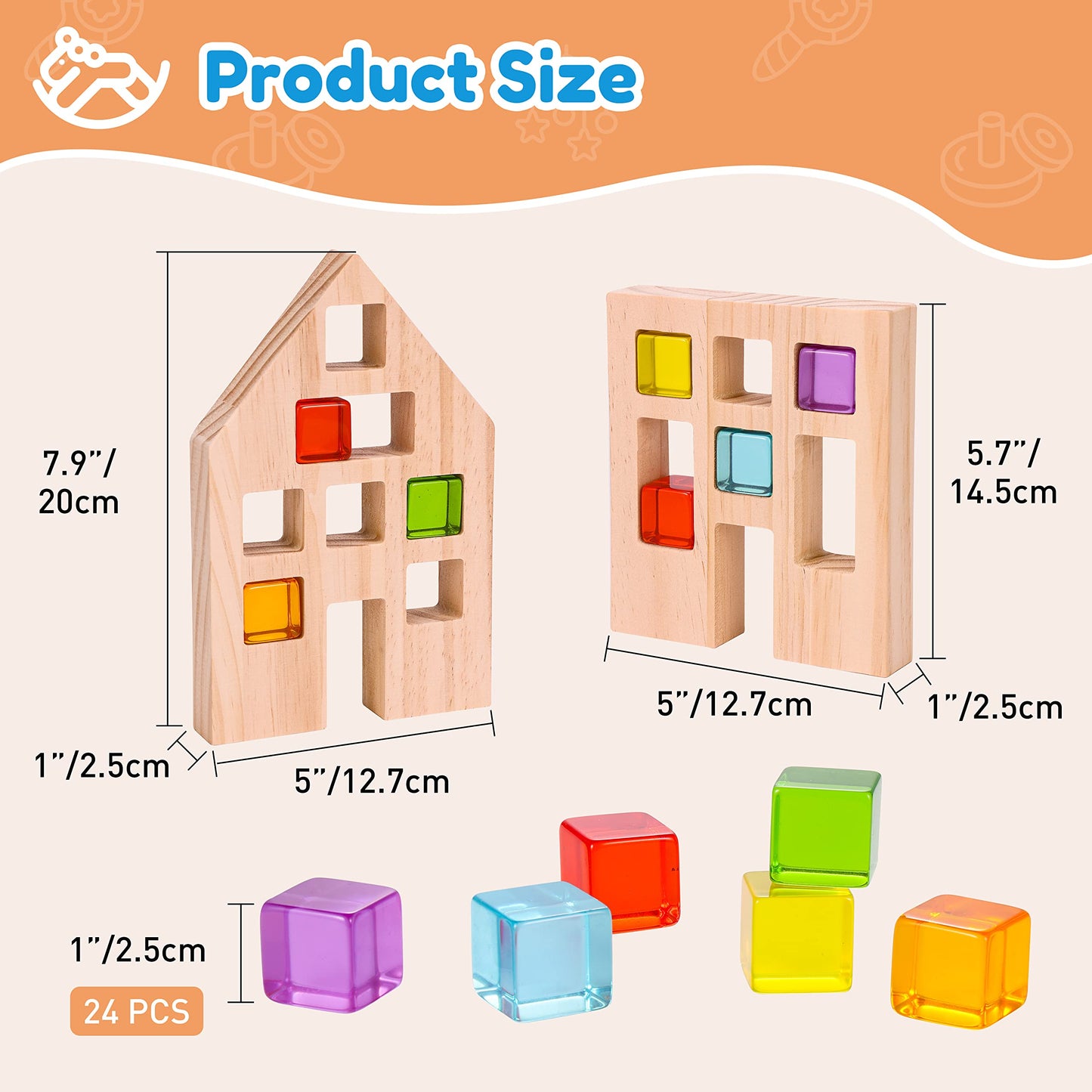 Woodtoe Wooden Baby Walker for Toddlers, Adjustable Speed Push Toys for Babies Learning to Walk, with Wooden Building Blocks Set for Kids, 24 PCS Rainbow Gem Cubes Stacking Blocks